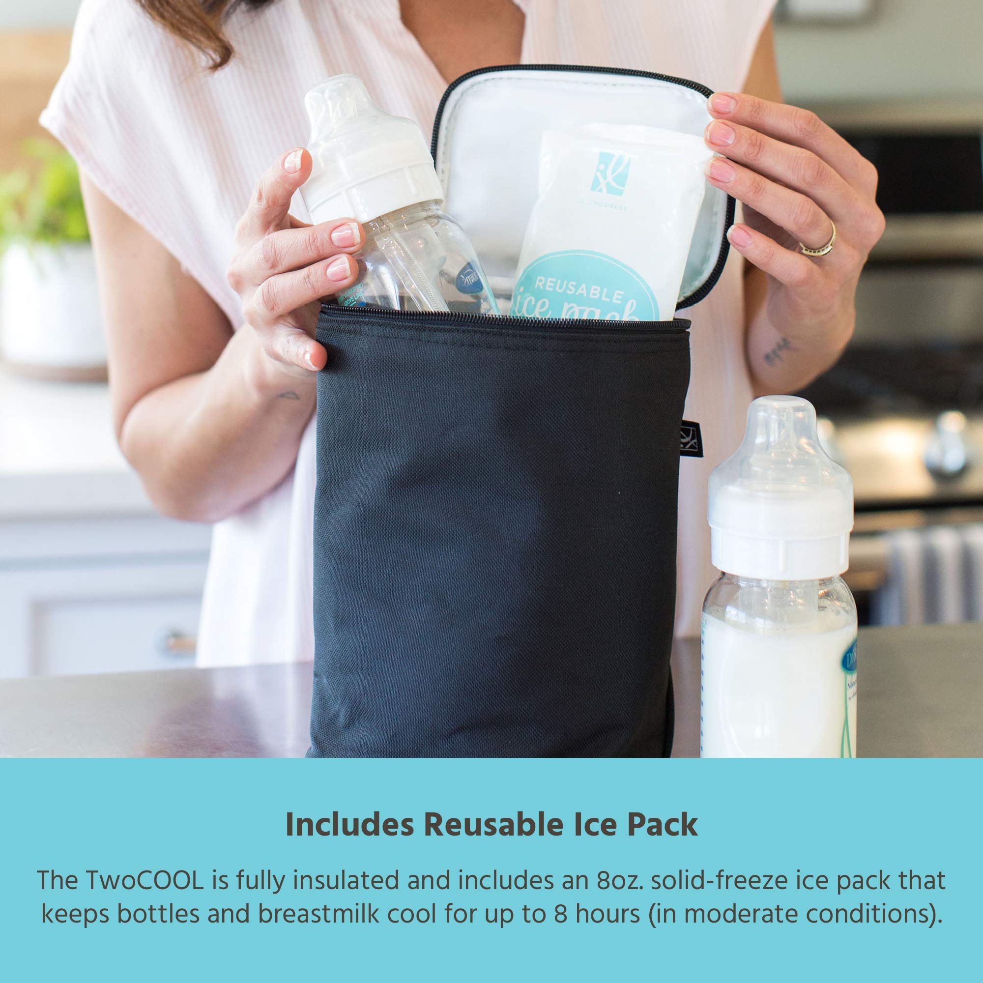 J.L. Childress TwoCOOL Breastmilk Cooler - Double Baby Bottle & Food Bag - Ice Pack Included - Fits 2-4 Bottles - Insulated & Leak Proof Bottle Bag - Breastmilk Cooler Bag for Travel - Black