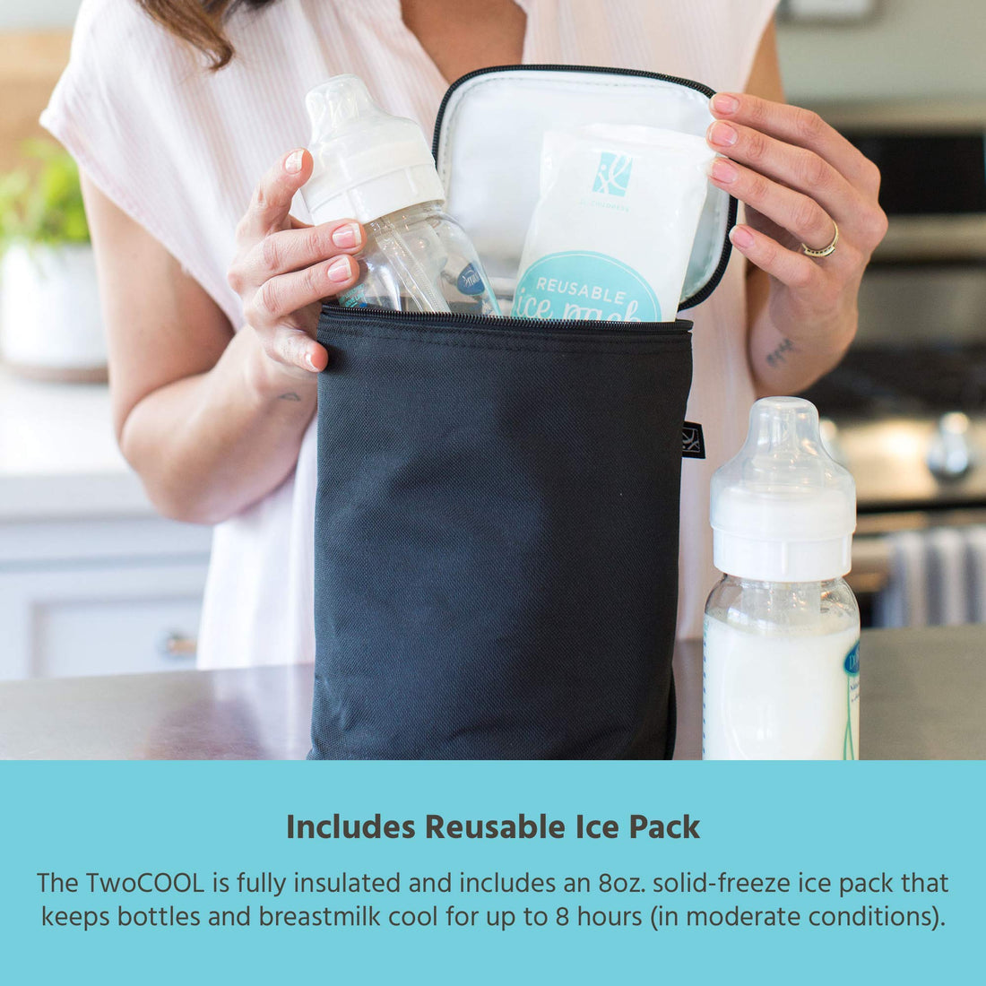 J.L. Childress TwoCOOL Breastmilk Cooler - Double Baby Bottle & Food Bag - Ice Pack Included - Fits 2-4 Bottles - Insulated & Leak Proof Bottle Bag - Breastmilk Cooler Bag for Travel - Black