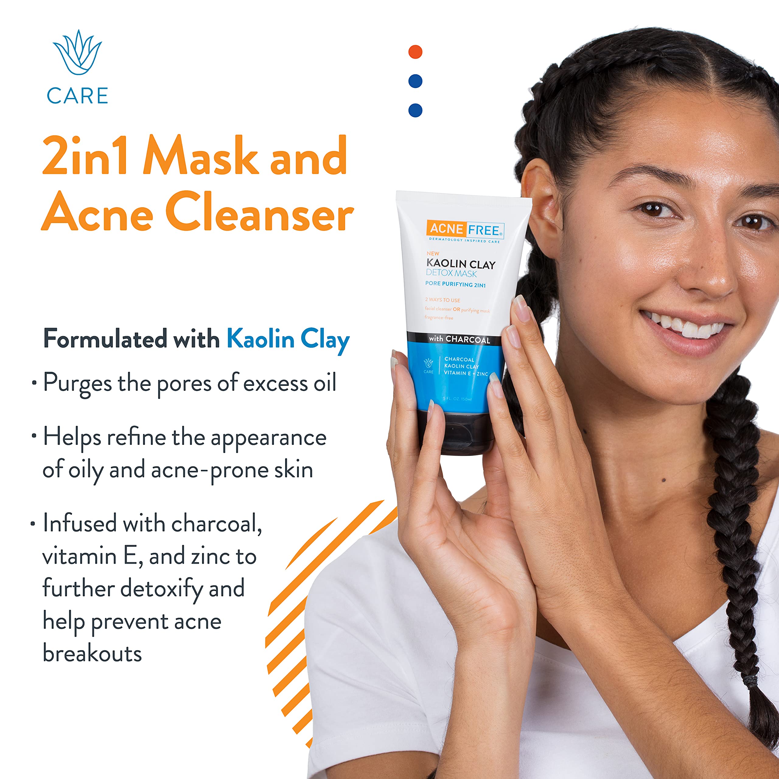 Acne Free Kaolin Clay Detox Mask 5oz with Charcoal, Kaolin Clay, Vitamin E + Zinc, Cleanser or Mask for Oily Skin, To Deeply Clean Pores and Refine Skin