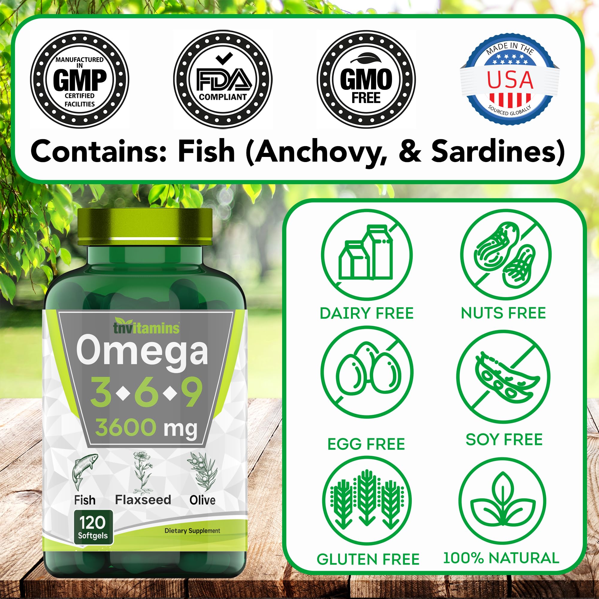 Triple Omega 3 6 9: 3600mg x 120 Softgels | Omega Essential Fatty Acids from Fish Oil (EPA & DHA), Flaxseed Oil (ALA & LA), & Olive Oil (OA) | Omega 3-6-9 Supplement for Women & Men | Non-GMO