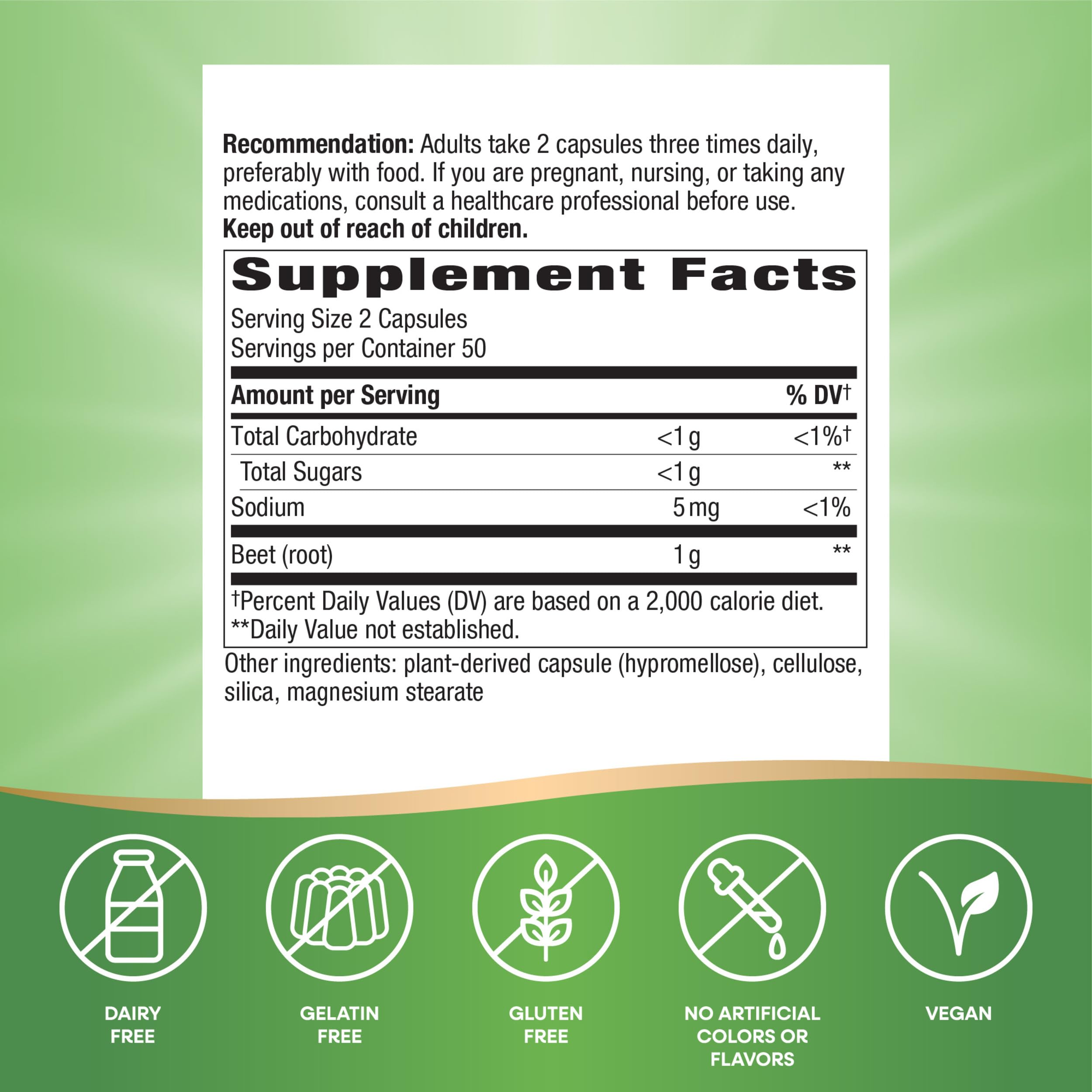 Nature's Way Beet Root Capsules, Supports Antioxidant Pathways*, Helps Neutralize Free Radicals*, 1000 mg per 2-Capsule Serving, Vegan, 100 Count (Packaging May Vary)