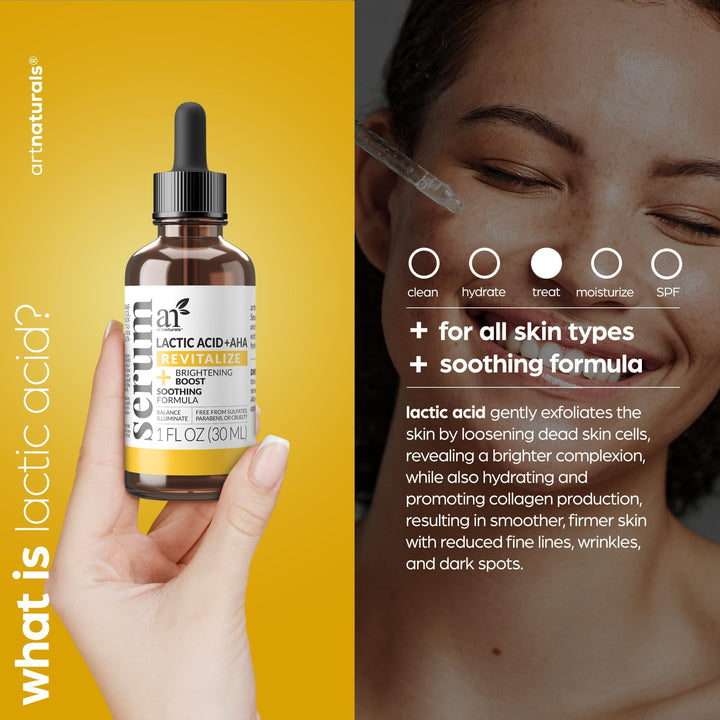 artnaturals Lactic Acid plus AHA Face Serum for Brightening Boost with Renewing Formula - Scars, Acne, Wrinkles - Exfoliates and Moisturizes the Skin - 1 oz.