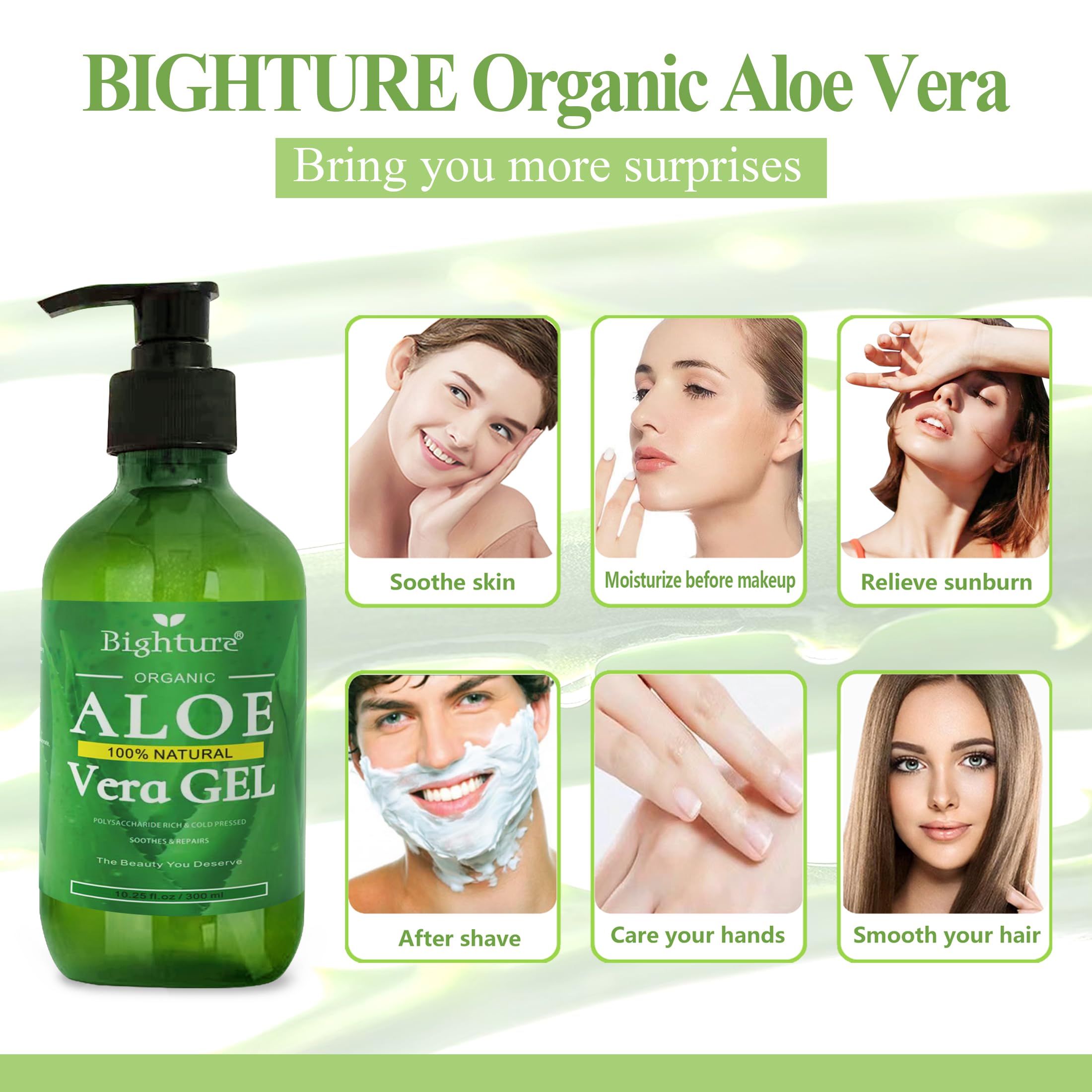 BIGHTURE Aloe Vera Gel, 100% Aloe Vera Organic from Freshly Cut Aloe Leaves, Skin Care for Deeply & Rapidly Soothing, Firming, After Shave, Sunburn Relieve, etc