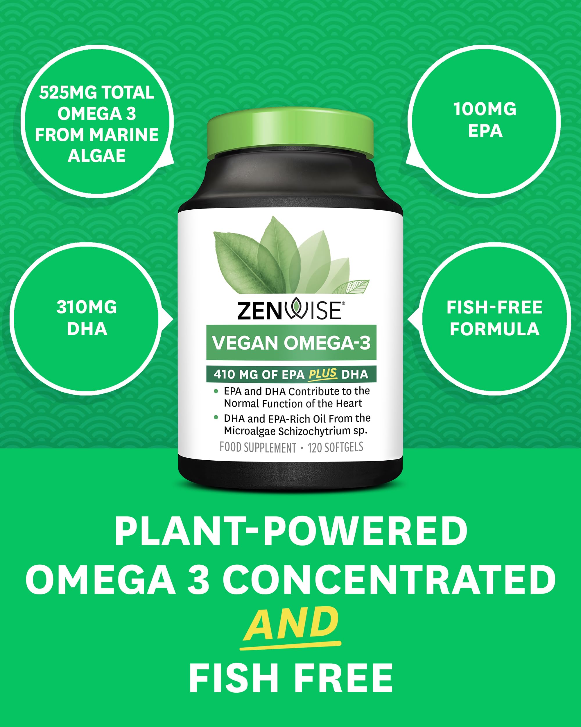 Zenwise Health Vegan Omega 3 Supplement for Women and Men from Marine Algae Oil with DHA & EPA - Plant Powered Fish Oil Alternative, Sustainably Sourced for Heart, Eye & Joint Health -120 CT