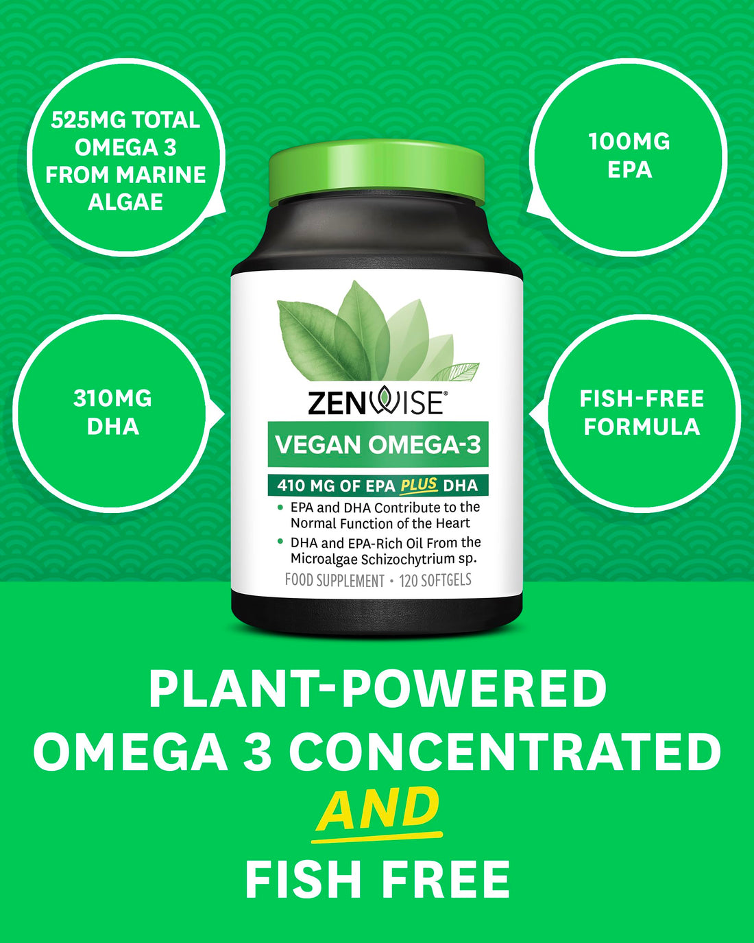 Zenwise Health Vegan Omega 3 Supplement for Women and Men from Marine Algae Oil with DHA & EPA - Plant Powered Fish Oil Alternative, Sustainably Sourced for Heart, Eye & Joint Health -120 CT