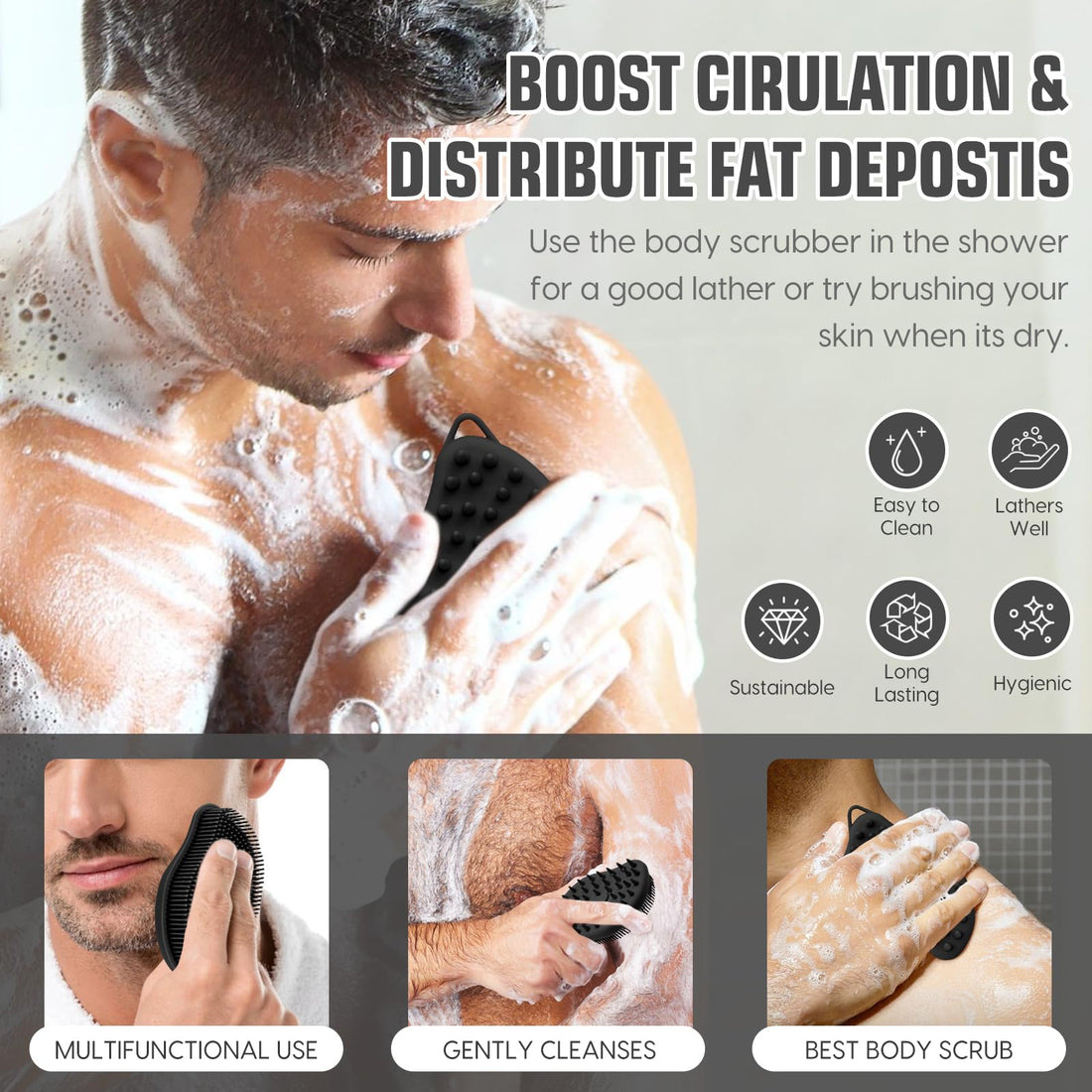 Silicone Body Scrubber - Exfoliating Body Scrubber for Men and Women, Soft Dual-Sided Shower Brush for Body Clean and Massage, Gentle Bath Brush Lathers Well for All Kinds of Skin