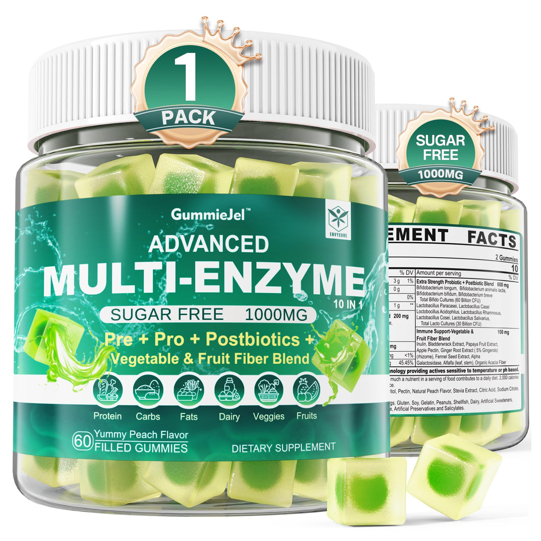 Digestive Enzymes Gummies for Women & Men, Multi-Enzymes with 90Billion CFU Probiotics and Prebiotics & Postbiotic, Vegetable & Fruit Fiber Blend, Super Enzymes for Digestive & Gut Health,Immune,60Cts