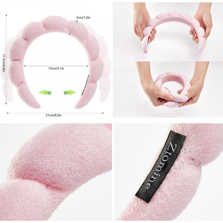 Ztomine Spa Terry Cloth Headband Combo Pack - 2 Puffy Makeup Headbands for Facial Care, Face Washing, and Mask Application (Pink + Grey)