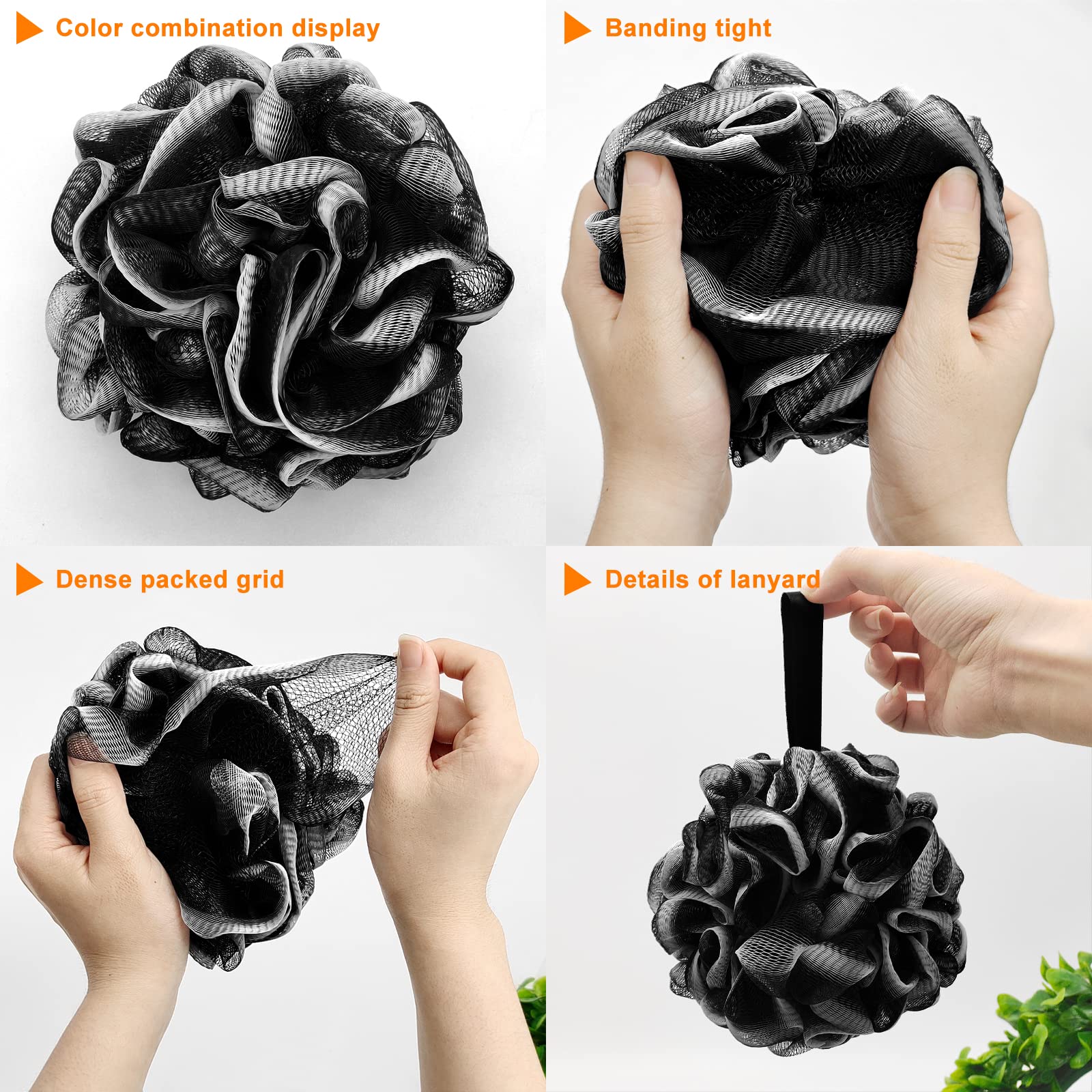 Loofah Charcoal Bath Shower Sponge Body Scrubber,75g XL Exfoliate Mesh Pouf Shower Bouquet,3 Pack Black Large Bath Sponge for Women and Men