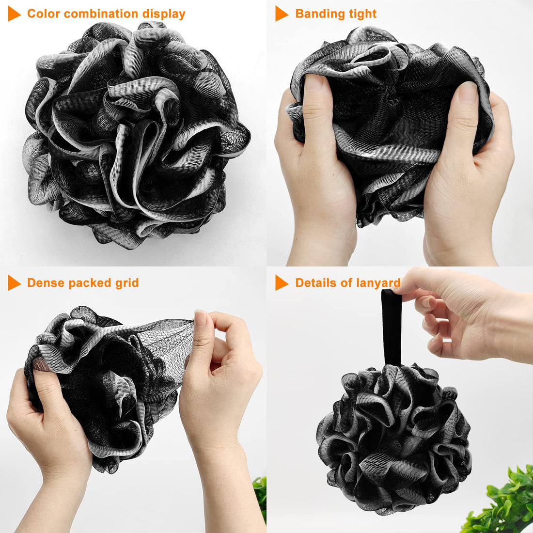 Loofah Charcoal Bath Shower Sponge Body Scrubber,75g XL Exfoliate Mesh Pouf Shower Bouquet,3 Pack Black Large Bath Sponge for Women and Men