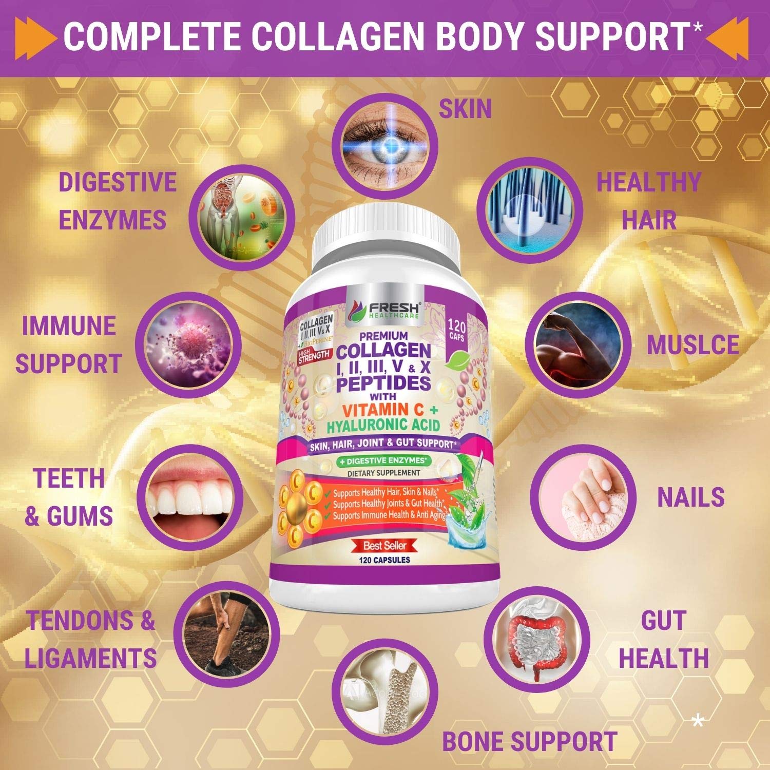 FRESH HEALTHCARE Multi Collagen Pills with Type I, II, III, V & X Peptides with Vitamin C, Hyaluronic Acid - Supports Healthy Hair, Skin, Nails and Joints - 120 Kosher Capsules