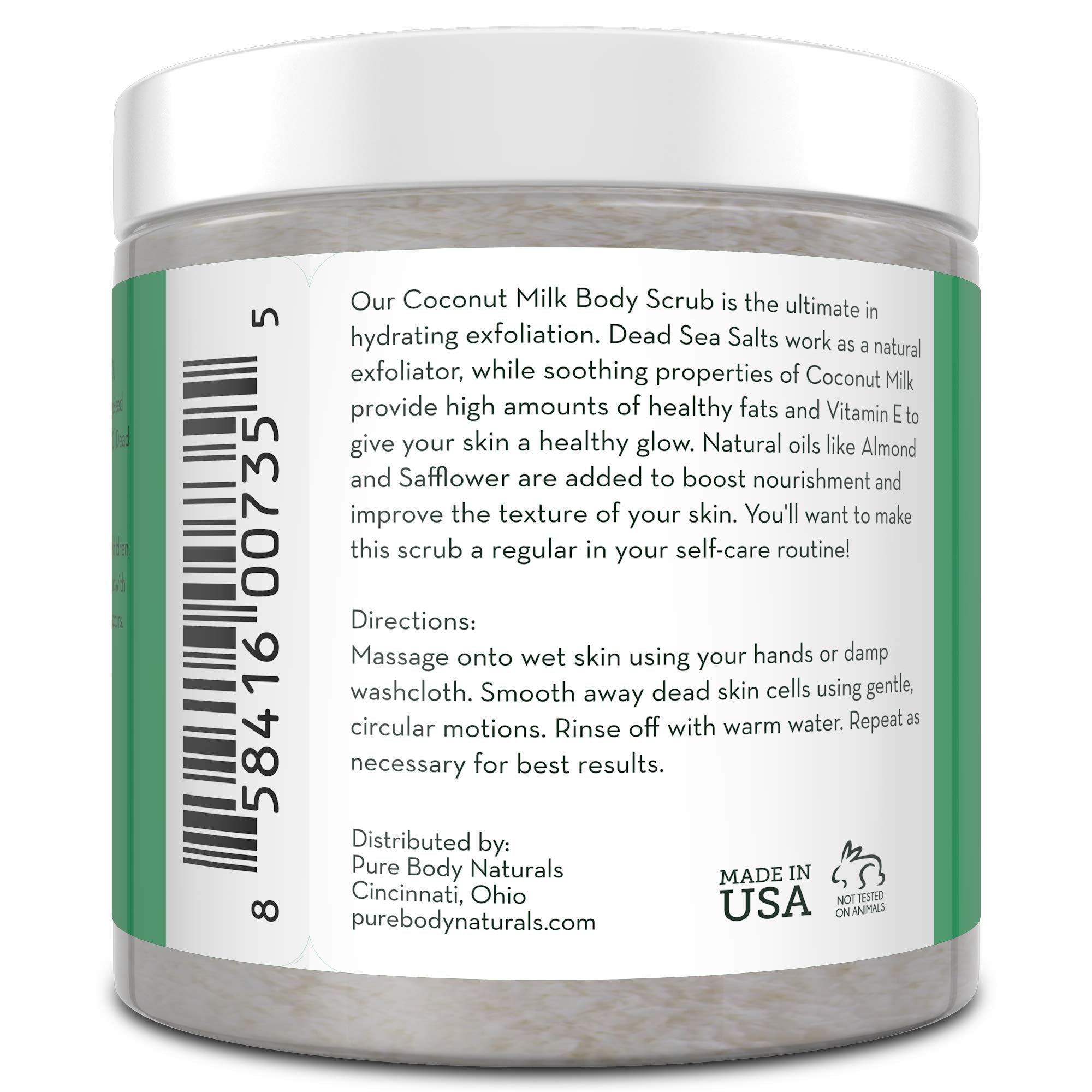 Pure Body Naturals Exfoliating Body Scrub with Hydrating Coconut Milk and Detoxifying Dead Sea Salt, Moisturizing Exfoliating Scrub, 12 Ounce (Packaging Varies)