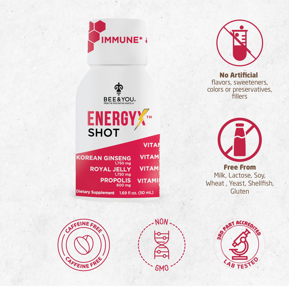 Bee and You Energy X Shot, 12 Pack, Korean Red Ginseng, Royal Jelly, Propolis, Caffeine Free Energy Drink, Vitamin C, B3, B6, B12, Immune Support Supplement, Antioxidants, Pomegranate Flavor