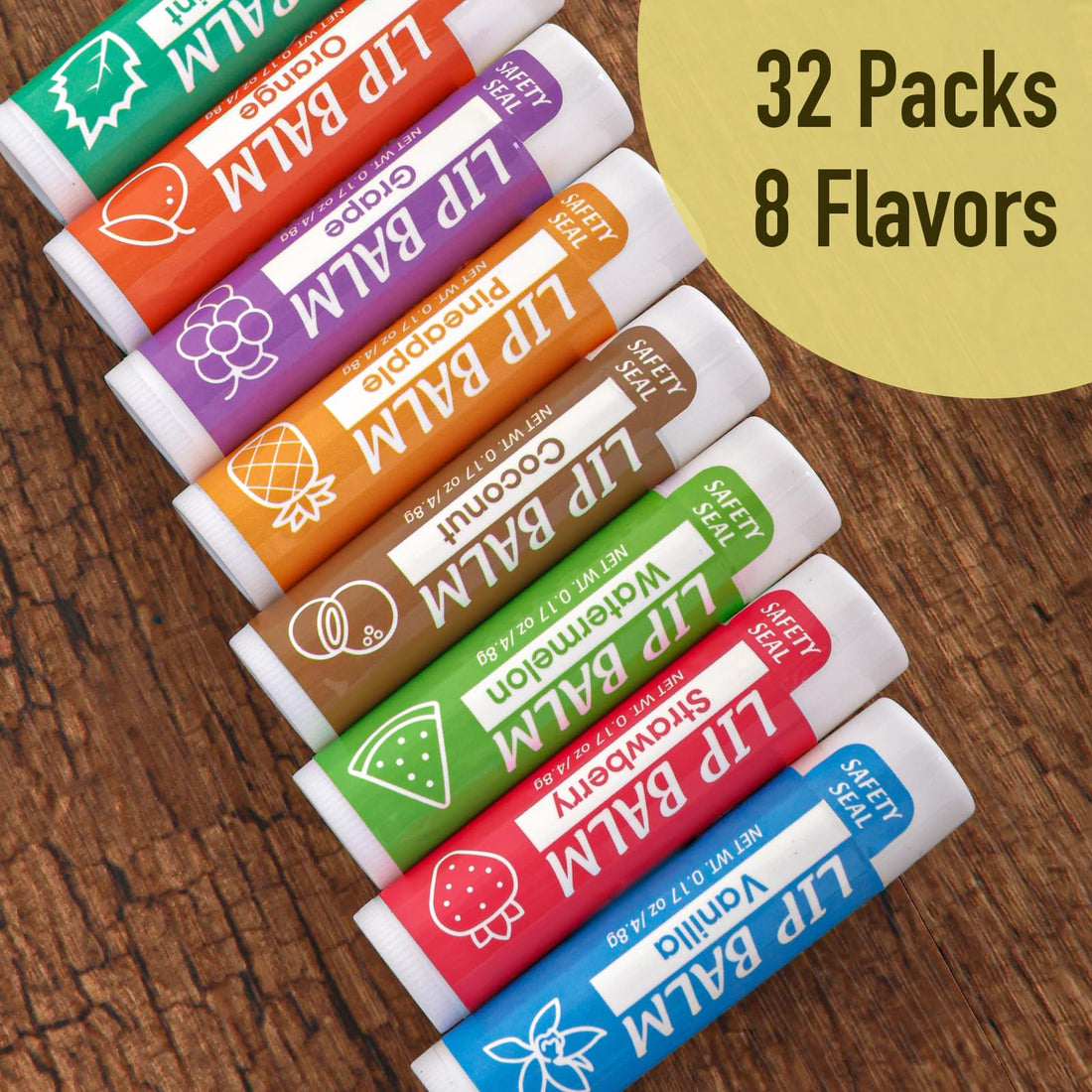 YesBes 32 Pack Lip Balm, Natural Lip Balm Bulk with Vitamin E and Coconut Oil, Moisturizing Lip Balms for Dry Cracked Lips, Lip Balms for Stocking Stuffers - 8 Flavors