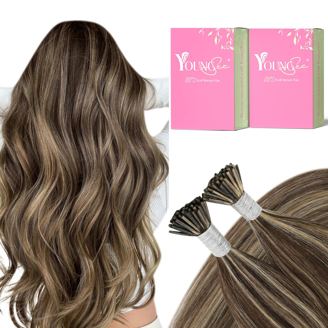 18, Dark Brown With Caramel Blonde: Youngsee 18 Inches Piano Color I Tip Hair Extensions Dark Brown Mixed With Caramel Blonde Remy Straight Pre Bonded Keratin Fusion Hair Extensions 50Gra
