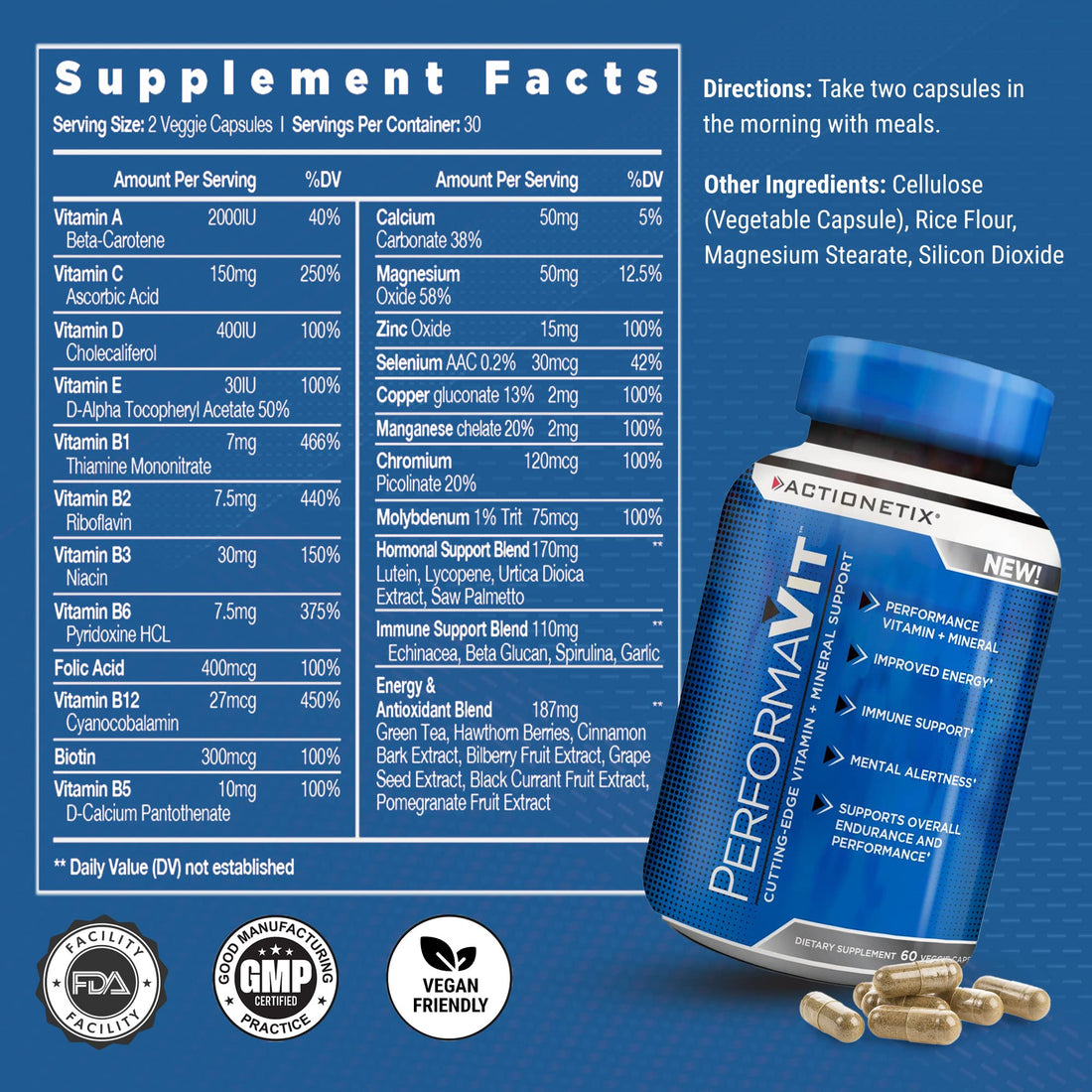 Actionetix - PerformaVit, Athlete Multivitamin For Men & Women, Mens Multivitamins & Minerals, Mens One A Day Multivitamins for Health, Endurance, Immune & Performance, Men’s Multivitamin, 60 Capsules