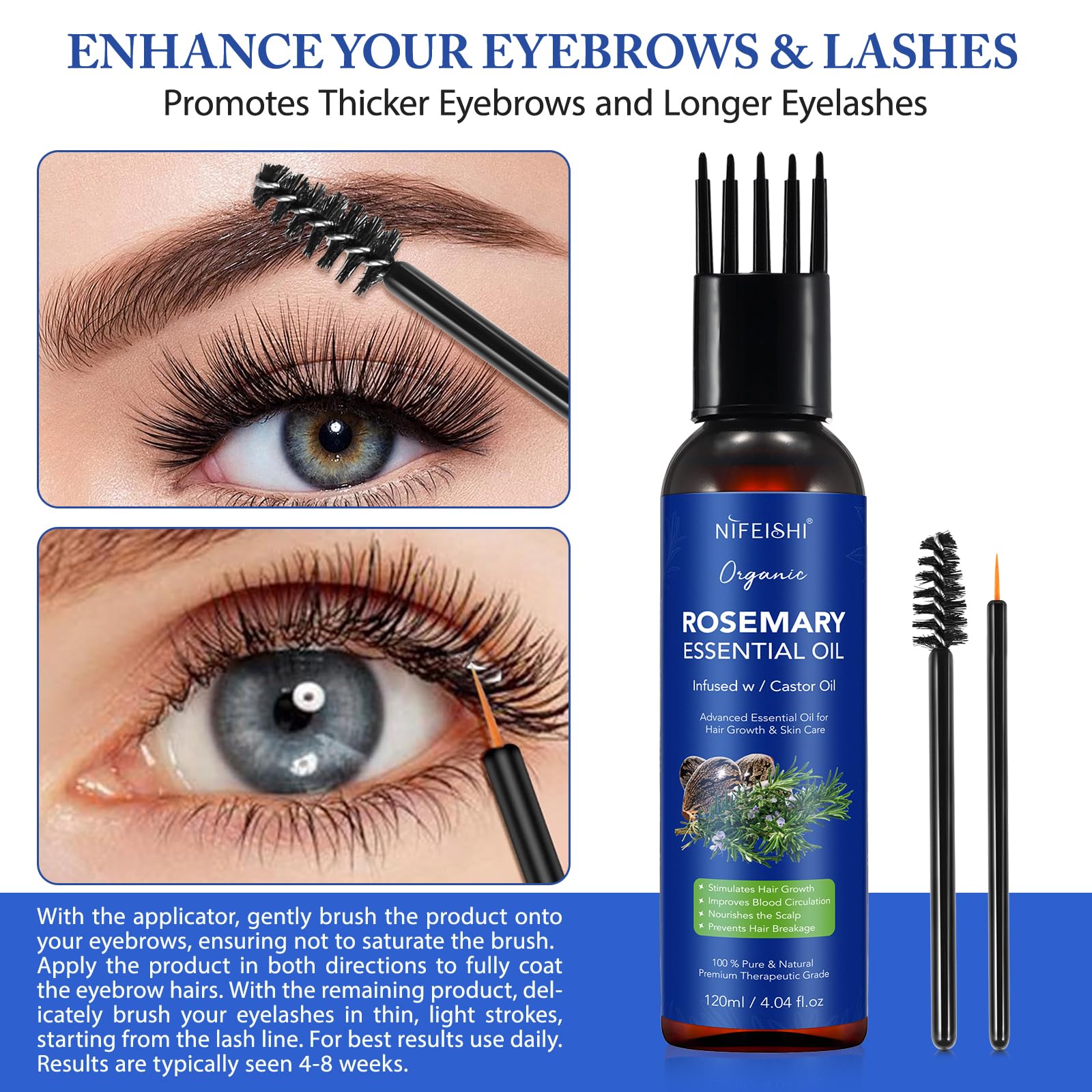 Rosemary Essential Oil for Hair Growth, Scalp Massage and Body - 120ml Pure Organic Infusion with Castor Oil, Improves Blood Circulation, Reduces Hair Loss