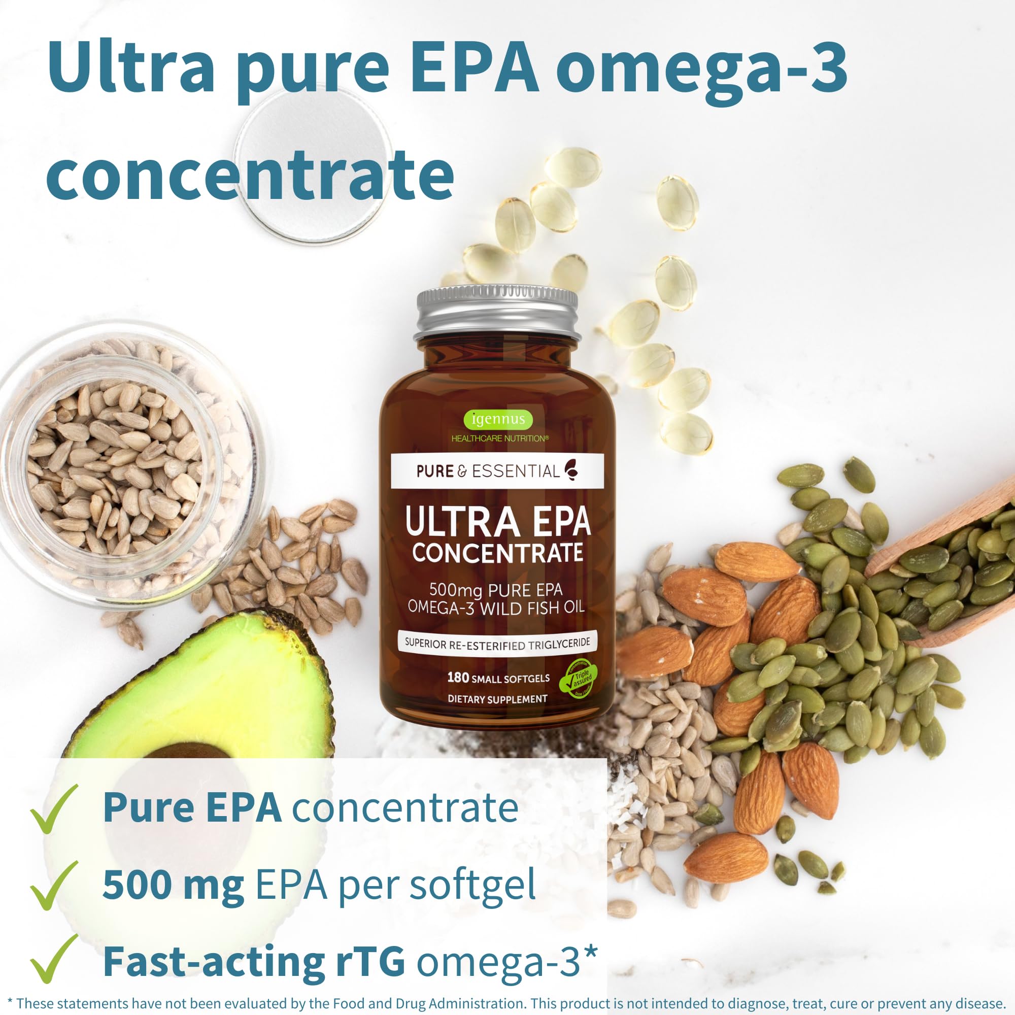 Igennus Ultra Pure Omega-3 EPA 500mg, Highly Concentrated Wild Caught Fish Oil, Advanced rTG Triglyceride Form, Non-GMO, 180 Small Softgels