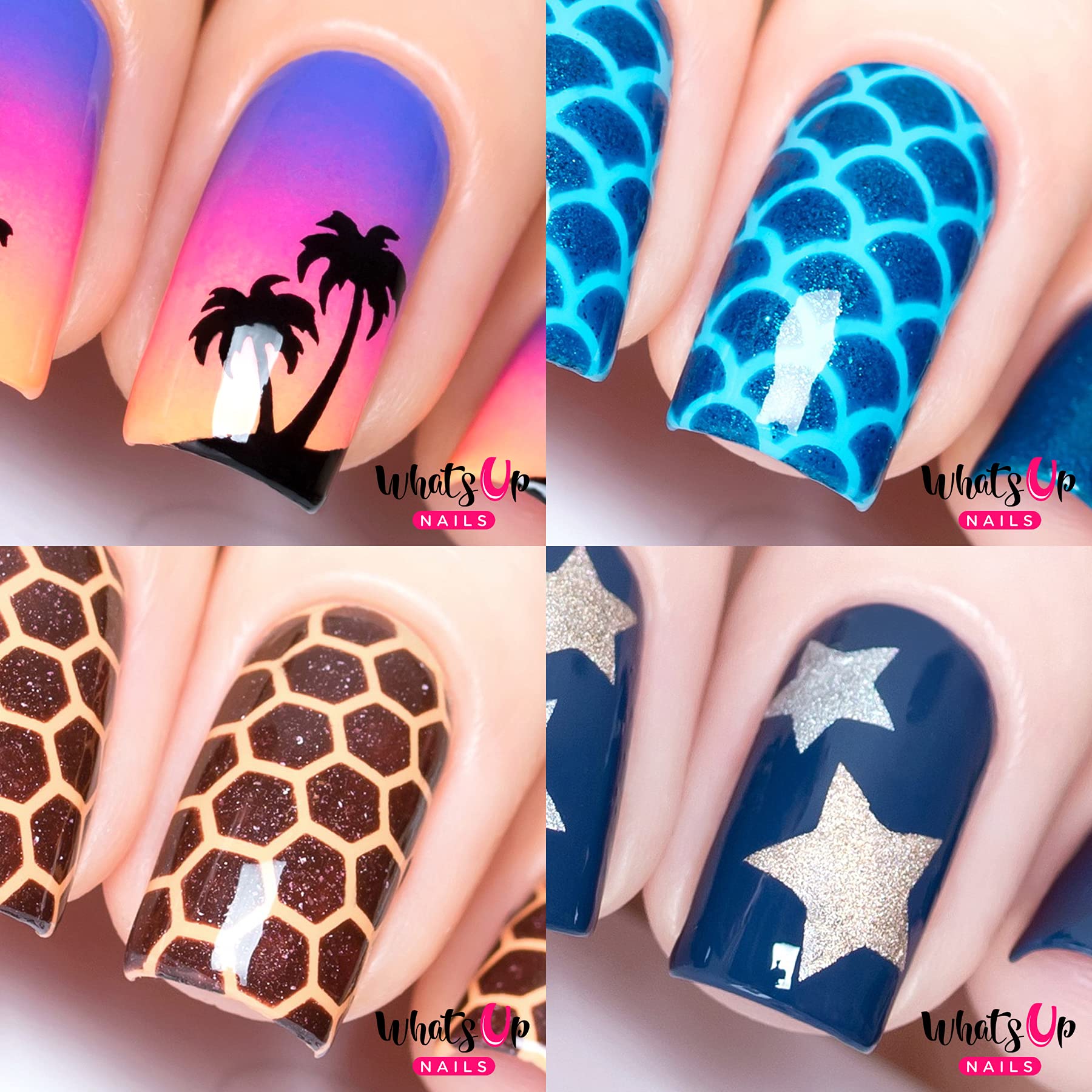 Whats Up Nails - Nail Vinyl Stencils Variety Pack 4pcs (Palm, Scales, Honeycomb, Northern Star) for Nail Art Design