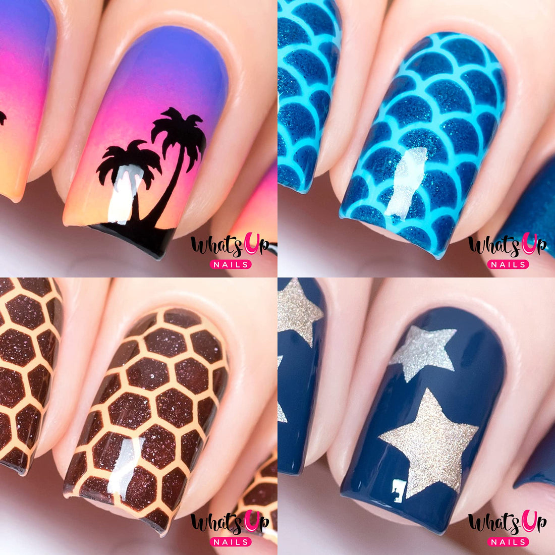 Whats Up Nails - Nail Vinyl Stencils Variety Pack 4pcs (Palm, Scales, Honeycomb, Northern Star) for Nail Art Design
