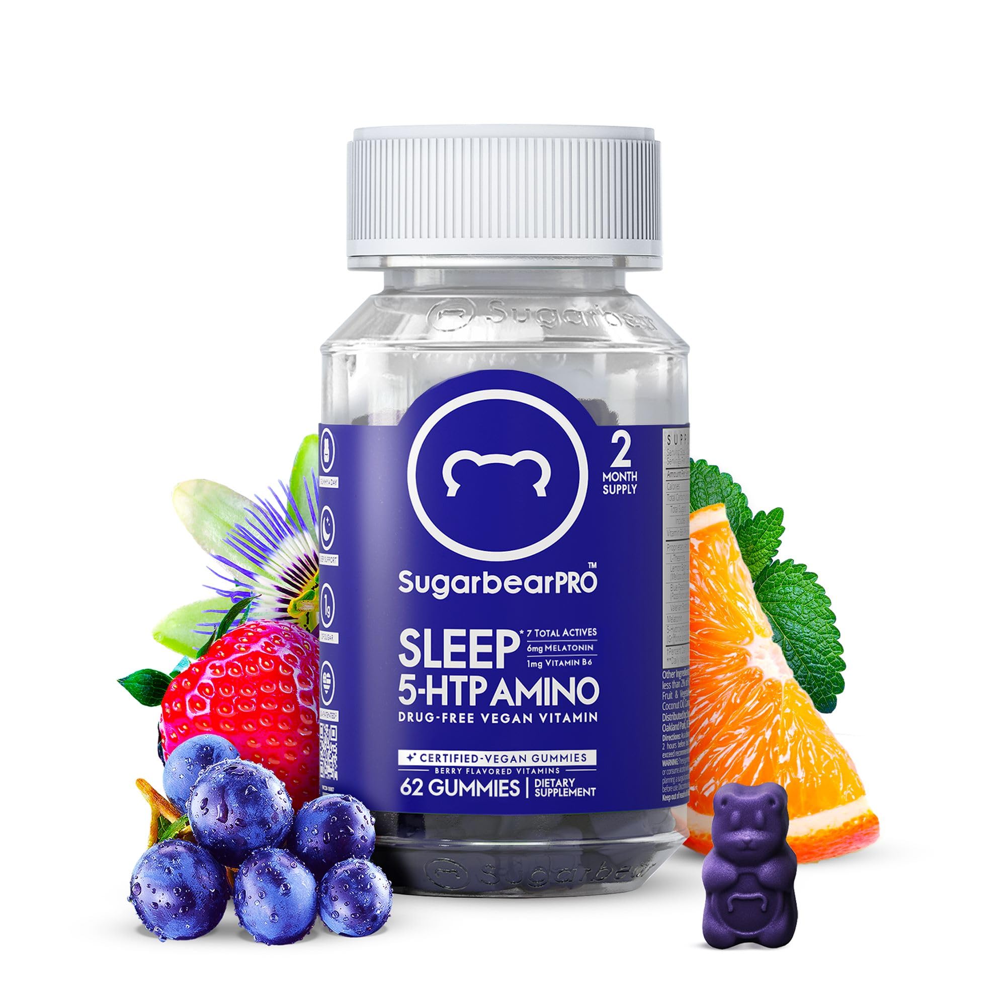 Sugarbear Sleep Gummy 2 Month Supply, Extra Strength Melatonin 6mg, for Men & Women, Vegan Vitamin B6, L-Theanine, 5 HTP, Valerian, Sleep Aid for Adults & Teens, Certified Kosher, Halal, Cruelty-Free