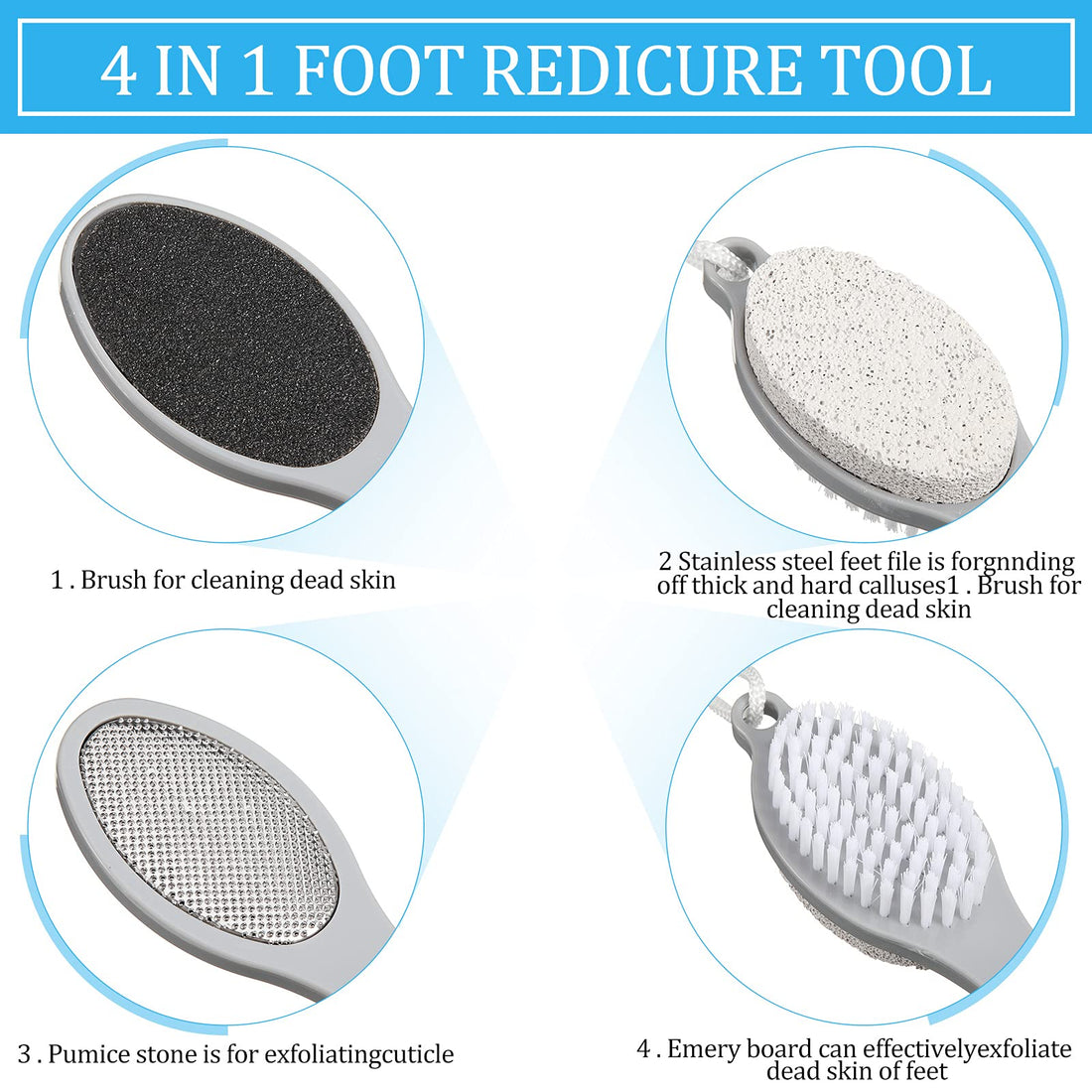 4 Pieces 4 in 1 Foot File Callus Remover Foot Scrubber Brush 4 in 1 Pedicure Tool with Pumice Stone Scrubber Multi-Functional Foot Scrubber Pedicure Foot File for Women Men Dry and Wet Foot Care