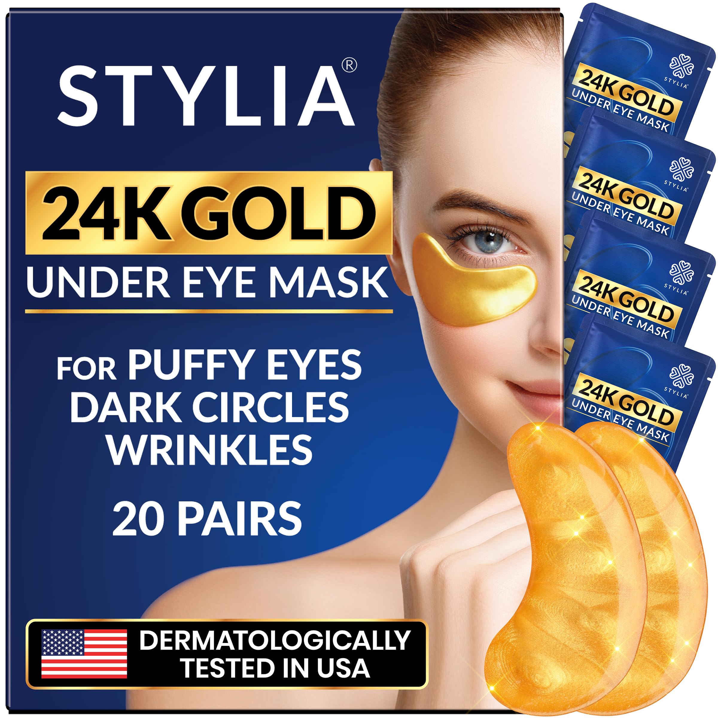 Stylia Under Eye Patches for Dark Circles and Puffy Eyes (20 Pairs) - 24k Gold Collagen Mask with Hyaluronic Acid, Eye Masks for Dark Circles and Puffiness, Gifts for Women, Valentines Day Gifts
