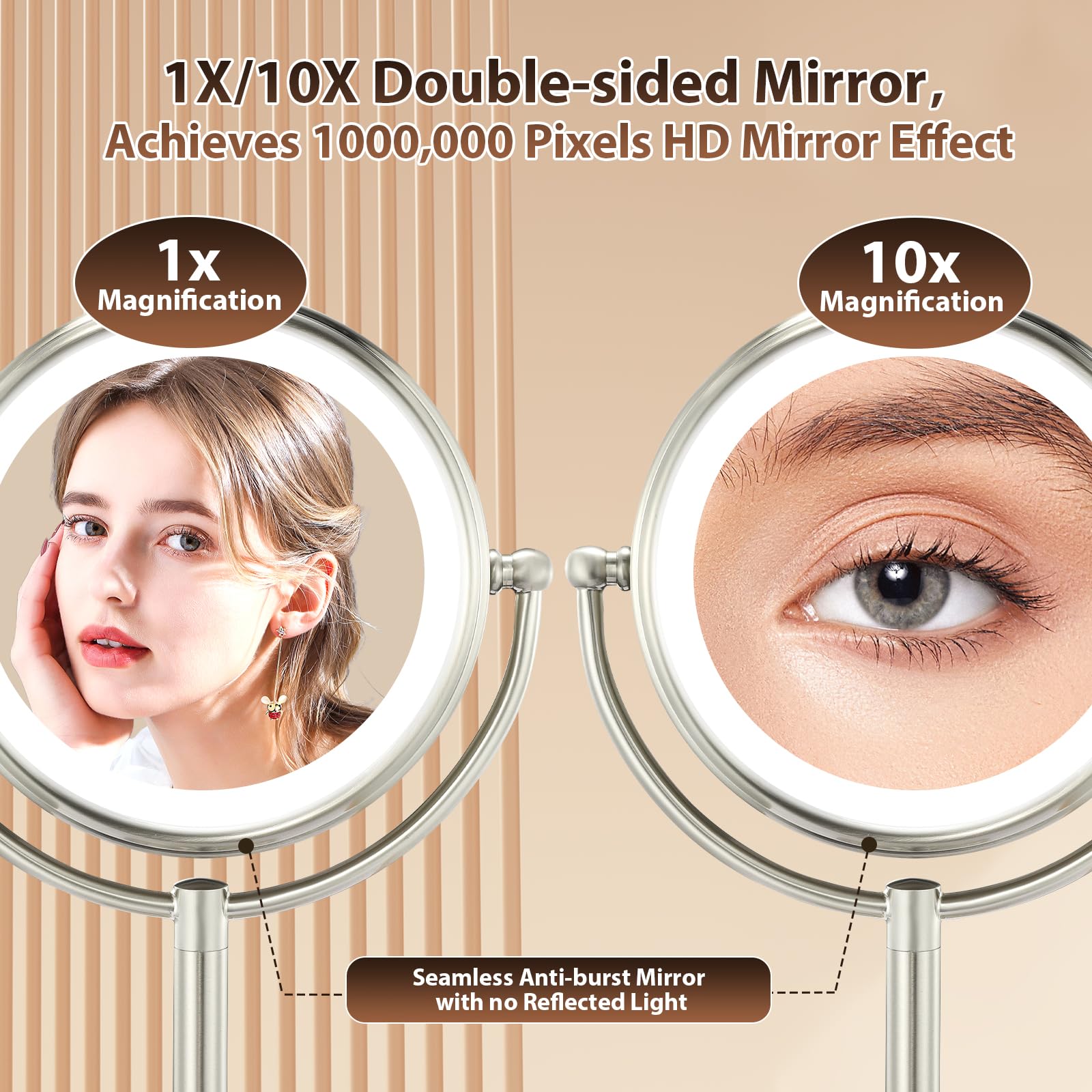 Professional 8.5 Large Lighted Makeup Mirror with Brighter Lights, 1X/10X True HD Magnifying Mirror with 3 Color Dimmable Lights, 90 Shadowless LEDs, 360°Swivel Seamless Vanity Mirror, Pearl Nickel