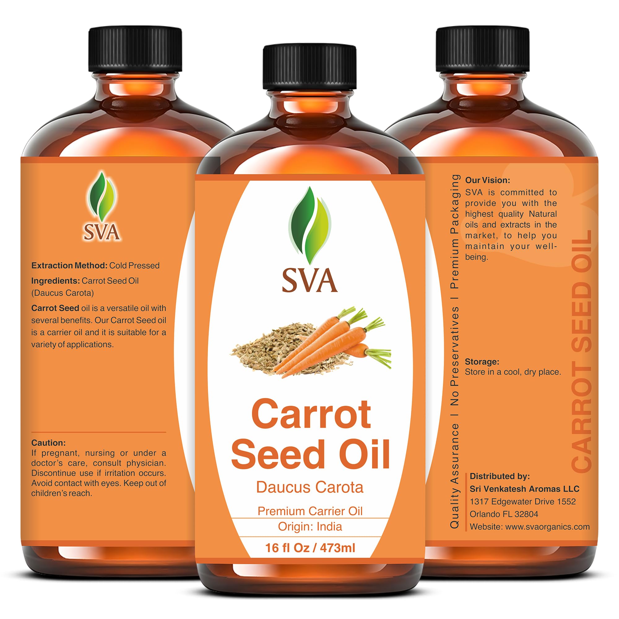 SVA Carrot Seed Oil - 16 Fl Oz – 100% Natural Cold Pressed Carrot Oil - for Face, Skin Care, Hair Care, Scalp Massage & Body Massage – Carrier Oil