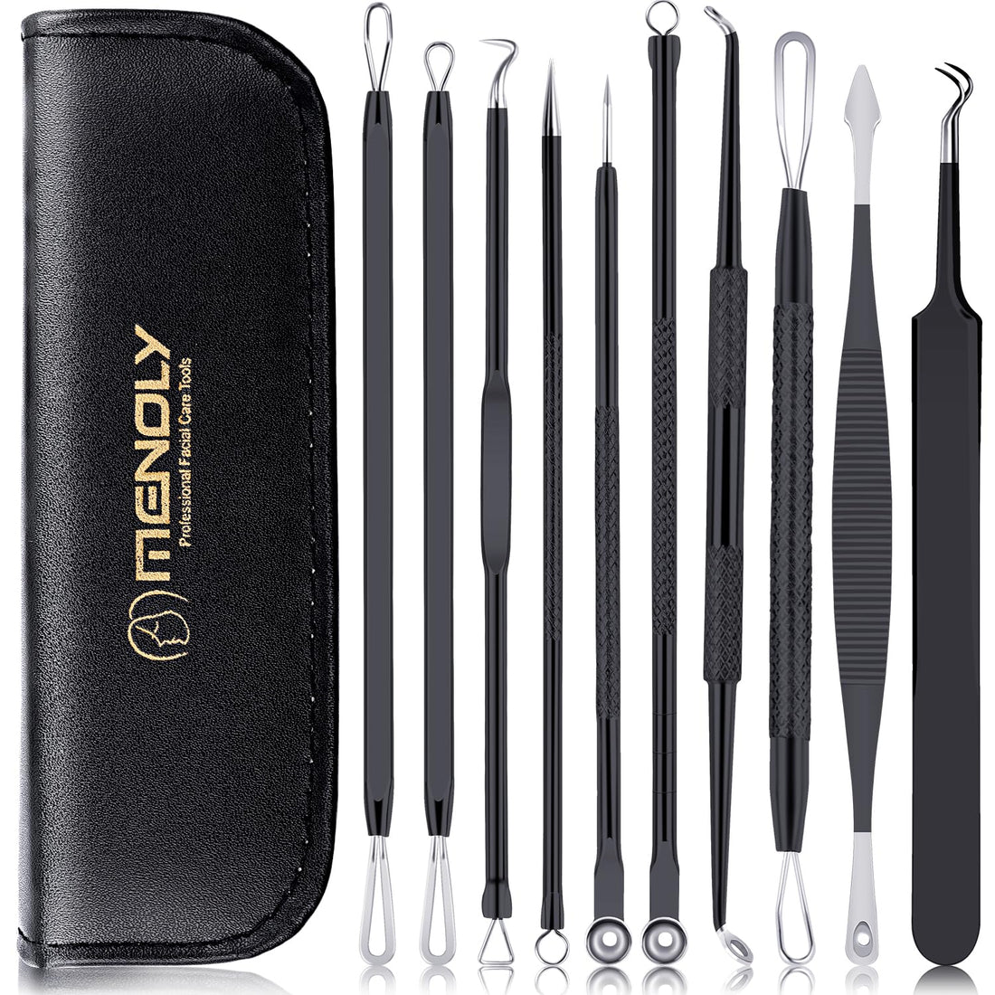 Pimple Popper Tool Kit 10 Pcs, MENOLY Newest Blackhead Remover Pimple Comedone Extractor Tools for Easy and Fast Removal of Blackheads, Pimples and Blemish on Face, with Elaborate Leather Bag