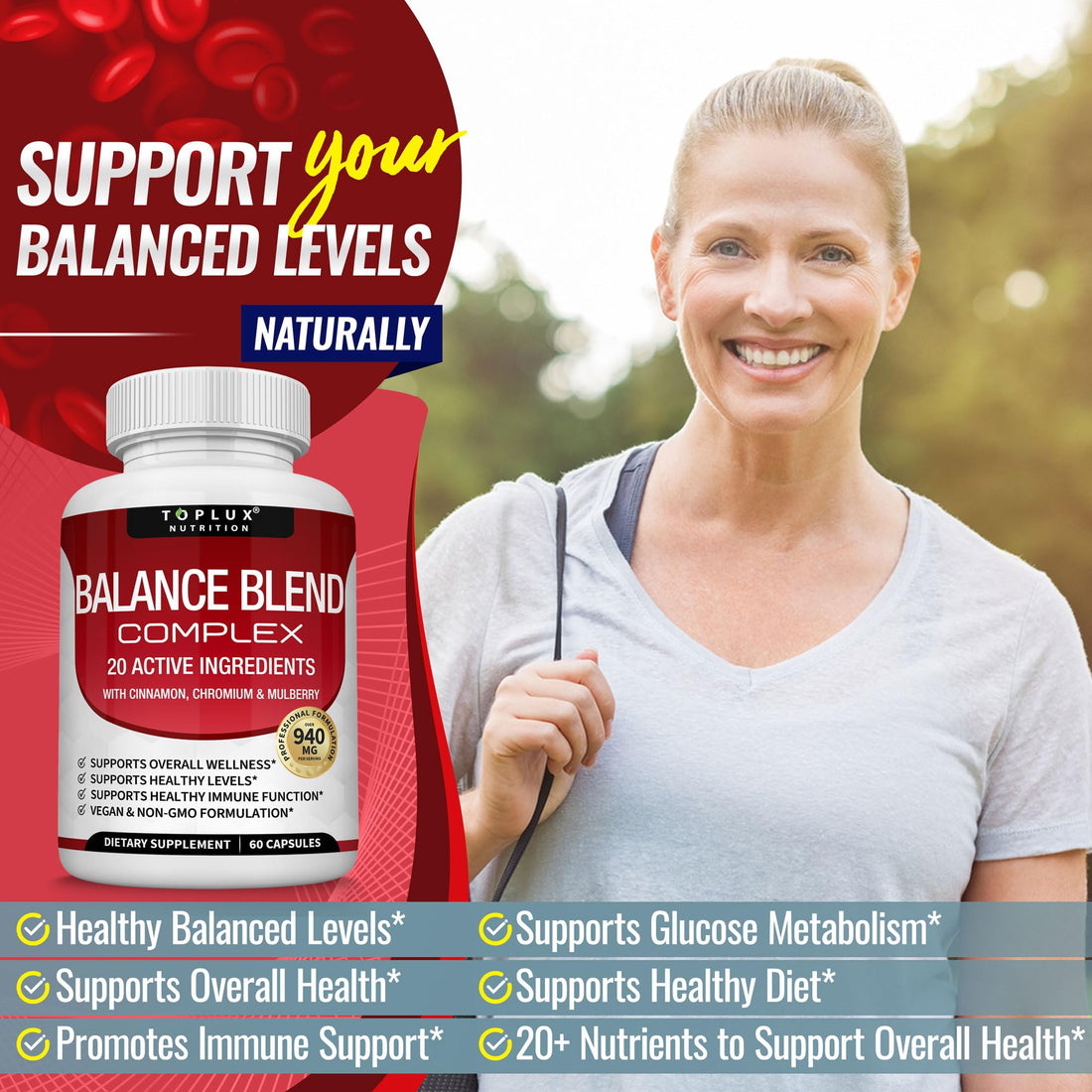 Premium Natural Complex Supplement - Natural 20 Herbs and Vitamins with Cinnamon Non-GMO Vegan, for Men Women, 60 Capsules