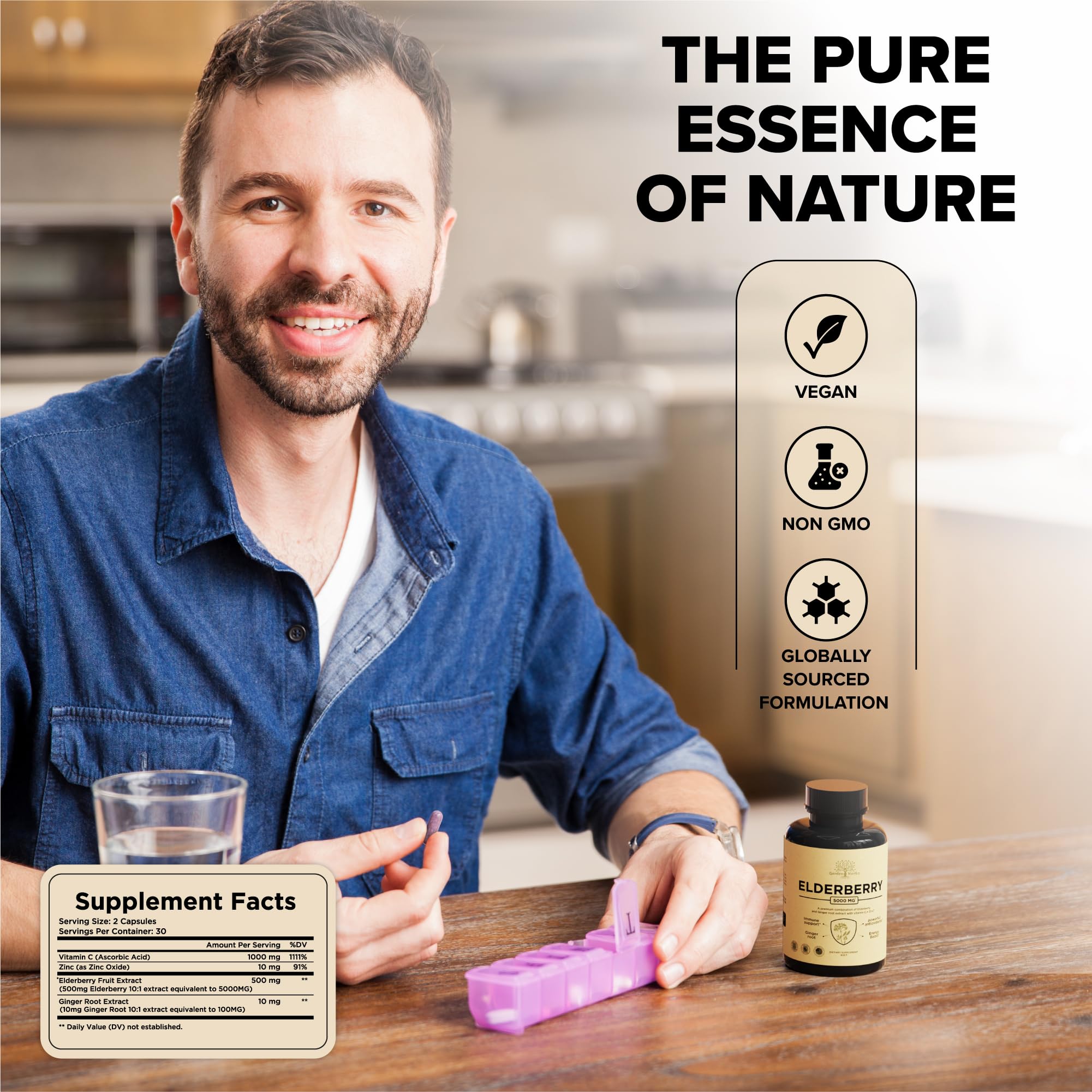 Garden of Herbz Elderberry with Vitamin C, Zinc, & Ginger – Potent Immune Booster 5000 Mg Elderberry, Zinc, & Vitamin C – Non-GMO Immunity Vitamins for Adults to Help You Feel Vibrant, 60 Caps.