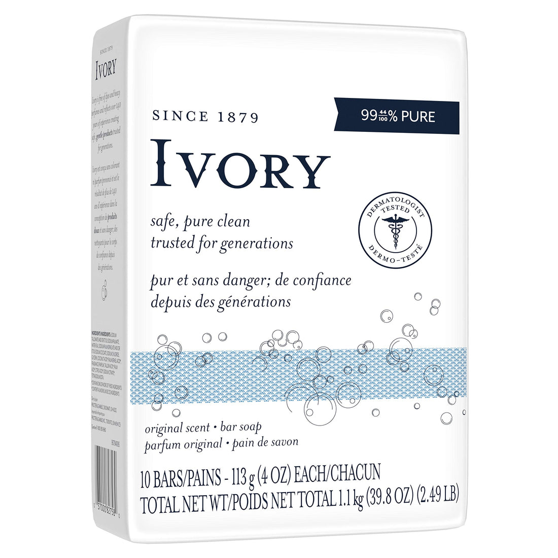 Ivory Bar Soap, Original Scent, 10 count, 4 oz (Pack of 8, total of 80 Bars)