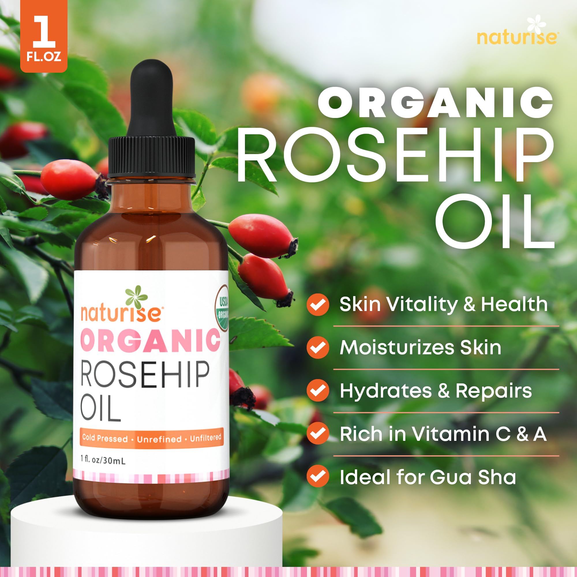 Naturise Organic Rosehip Seed Oil for Face, 100% Pure, Natural Cold Pressed Rose Hip Oil for Skin, Hair, Nails and Body Care (1 FL. OZ.)