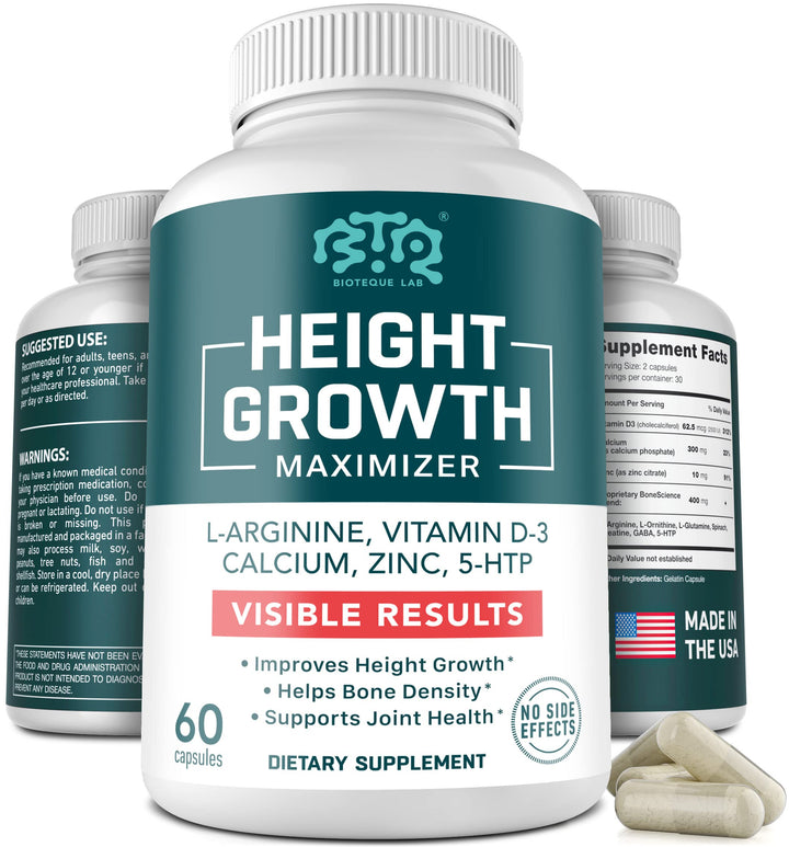 BIOTEQUELAB Height Growth Maximizer, Calcium, Vitamin D3 and Zinc Blend Pills, Bone Growth Supplement for Kids and Teens, Bone Strength, Density Support, GMO-Free, Gluten-Free, Made in USA, 60 Caps