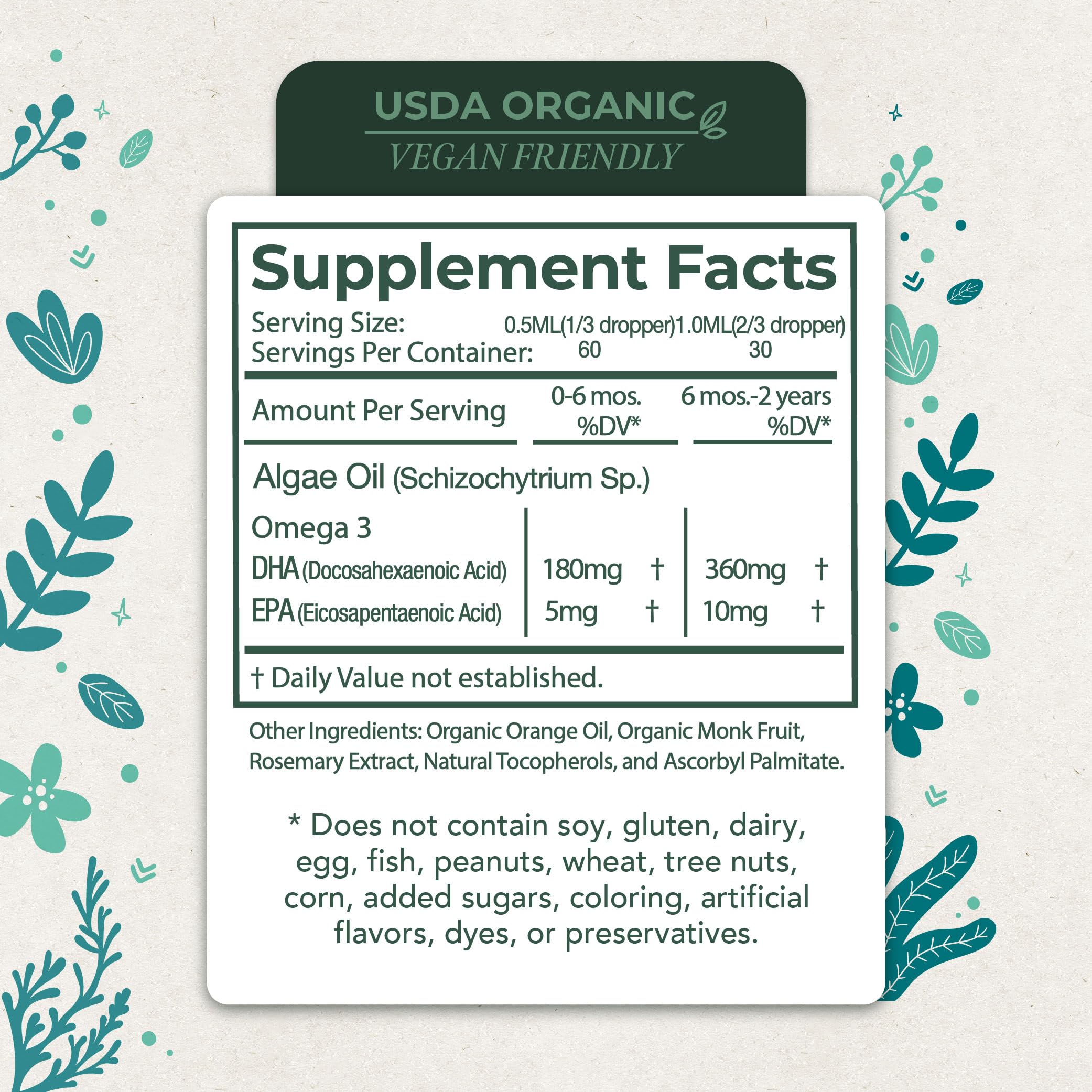 DHA Omega 3 Liquid Drops - Baby Vitamin DHA Omega 3 for Infant - Vegan Friendly, Great Tasting - Omega 3 Supplement w/Organic Orange Oil Supports Healthy Brain, Eyes, Immune System