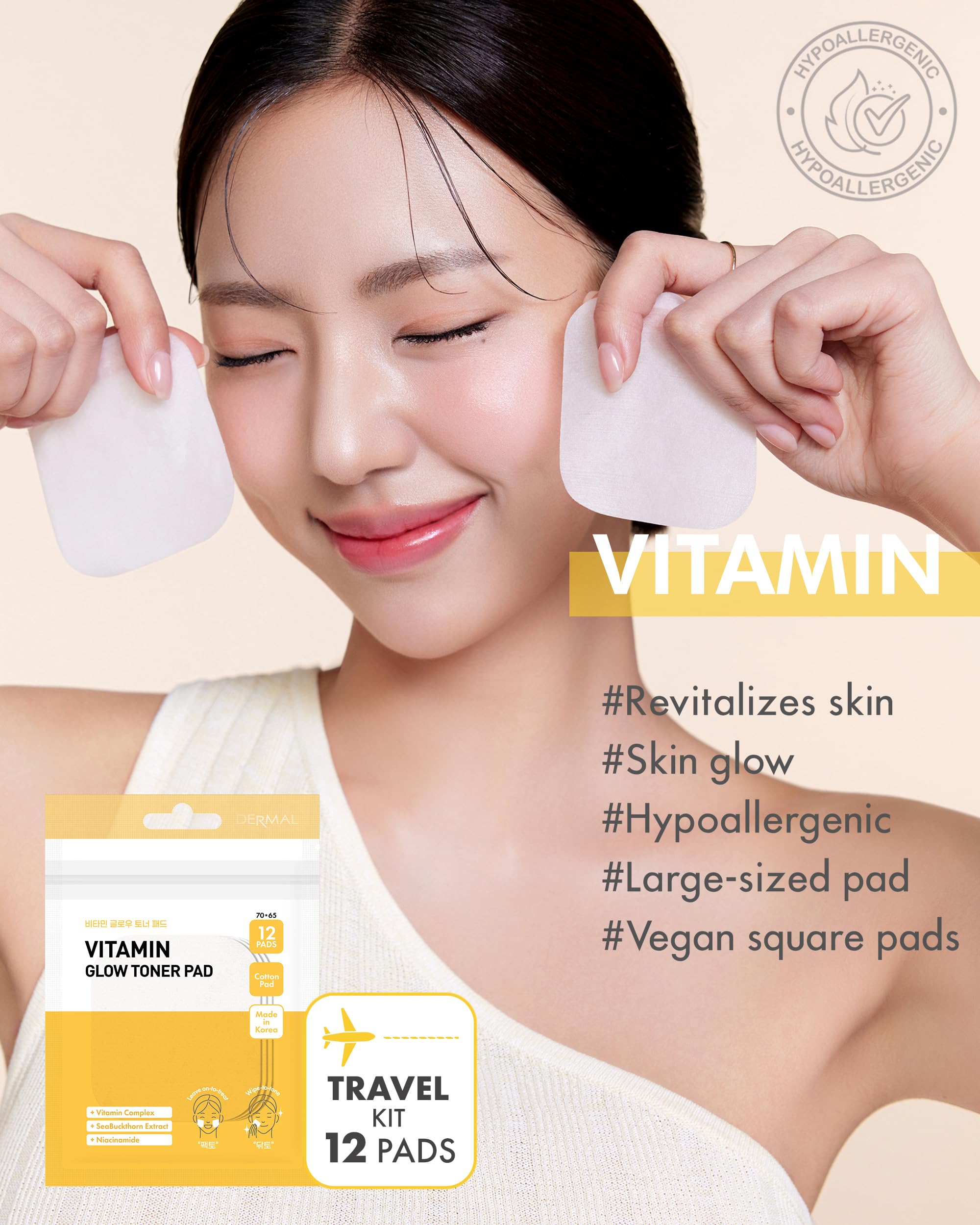 DERMAL Vitamin Toner Pad - Korean Toner Pad for Skin Glow & Vitality Improvement with Vitamin C - Vegan Pure Cotton Square Pads - Travel Kit 12 Pads, 3 Pack (Total 36 Pads)