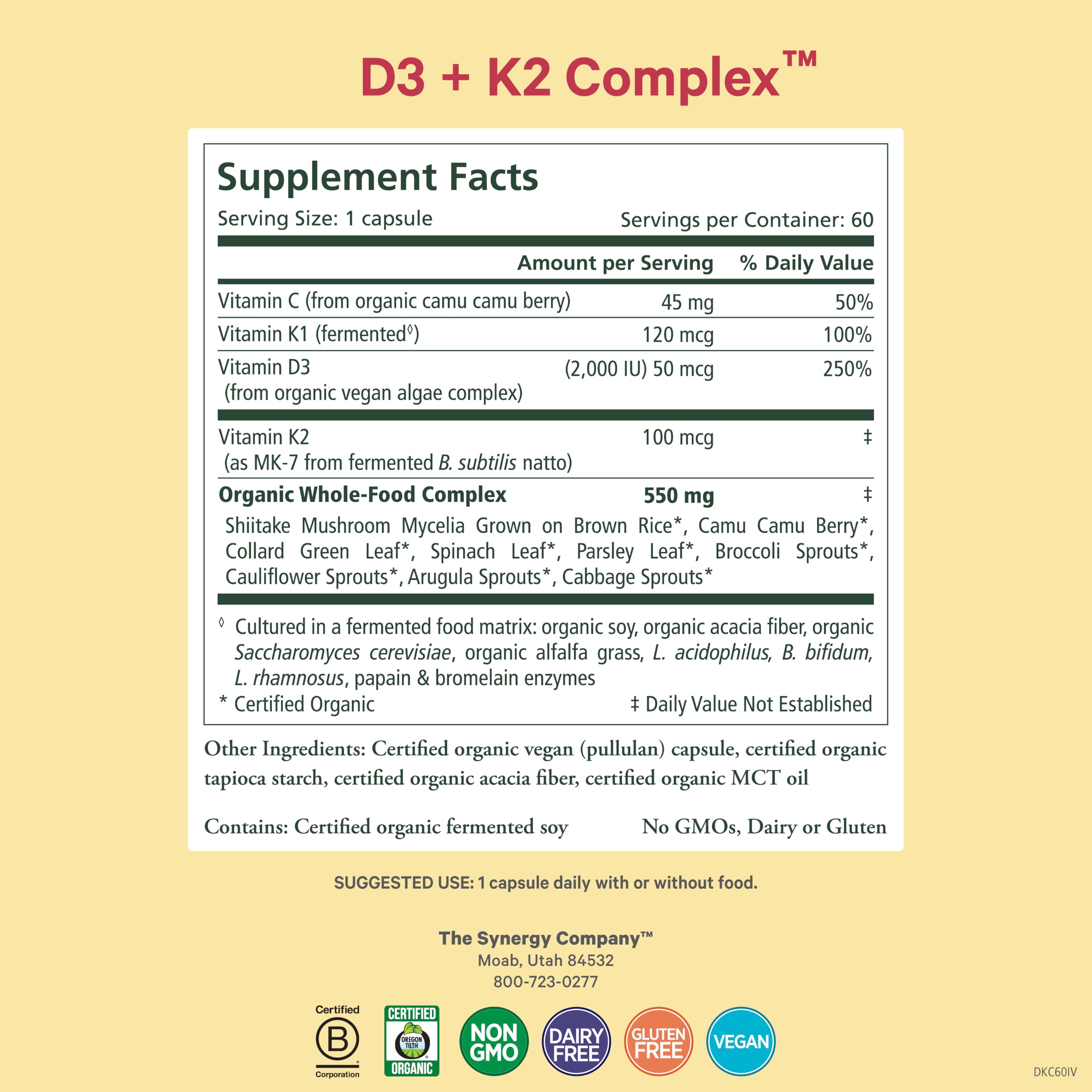 PURE SYNERGY D3 + K2 Complex | Vegan Vitamin D3 K2 Complex | Organic Vitamin D3 Supplement with Vitamin K2 and K1 Plus Organic Whole Foods | Supports Bone, Brain, and Immune Health (60 Capsules)