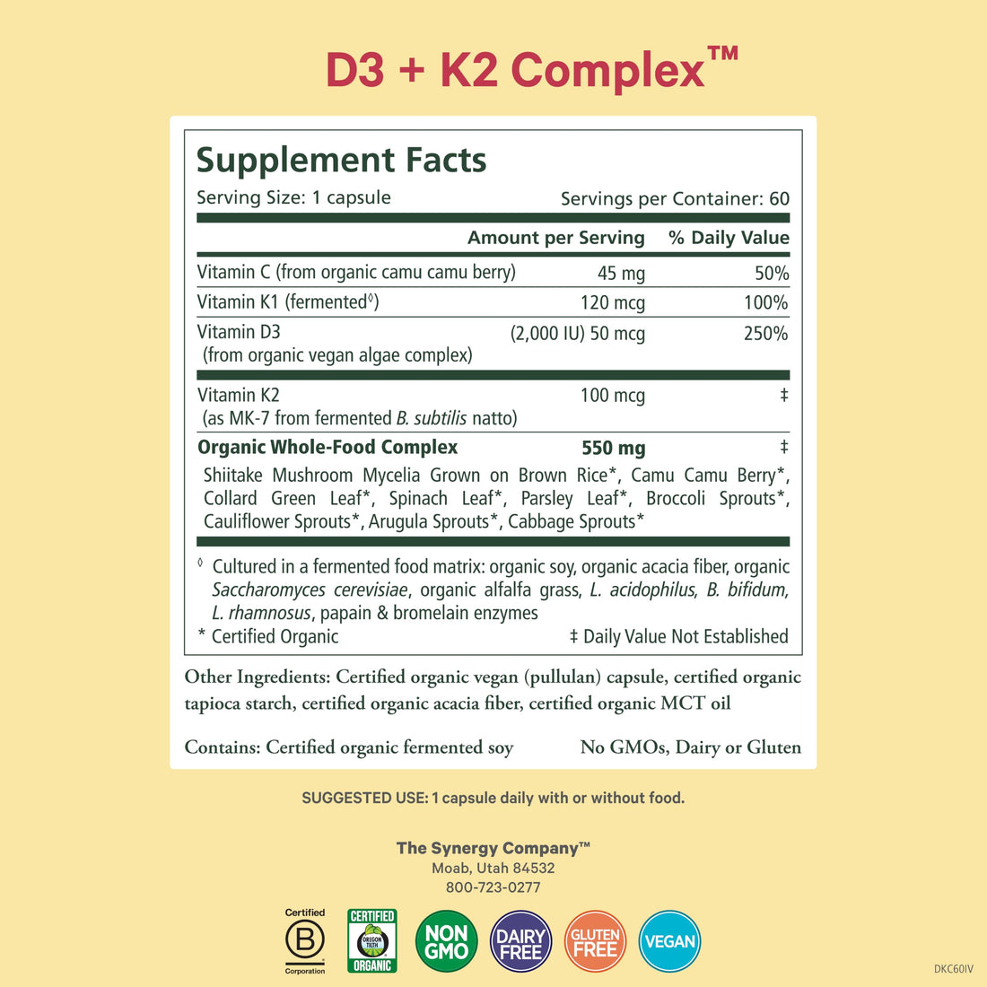 PURE SYNERGY D3 + K2 Complex | Vegan Vitamin D3 K2 Complex | Organic Vitamin D3 Supplement with Vitamin K2 and K1 Plus Organic Whole Foods | Supports Bone, Brain, and Immune Health (60 Capsules)