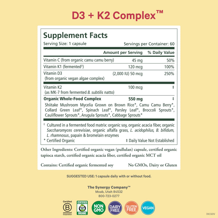 PURE SYNERGY D3 + K2 Complex | Vegan Vitamin D3 K2 Complex | Organic Vitamin D3 Supplement with Vitamin K2 and K1 Plus Organic Whole Foods | Supports Bone, Brain, and Immune Health (60 Capsules)