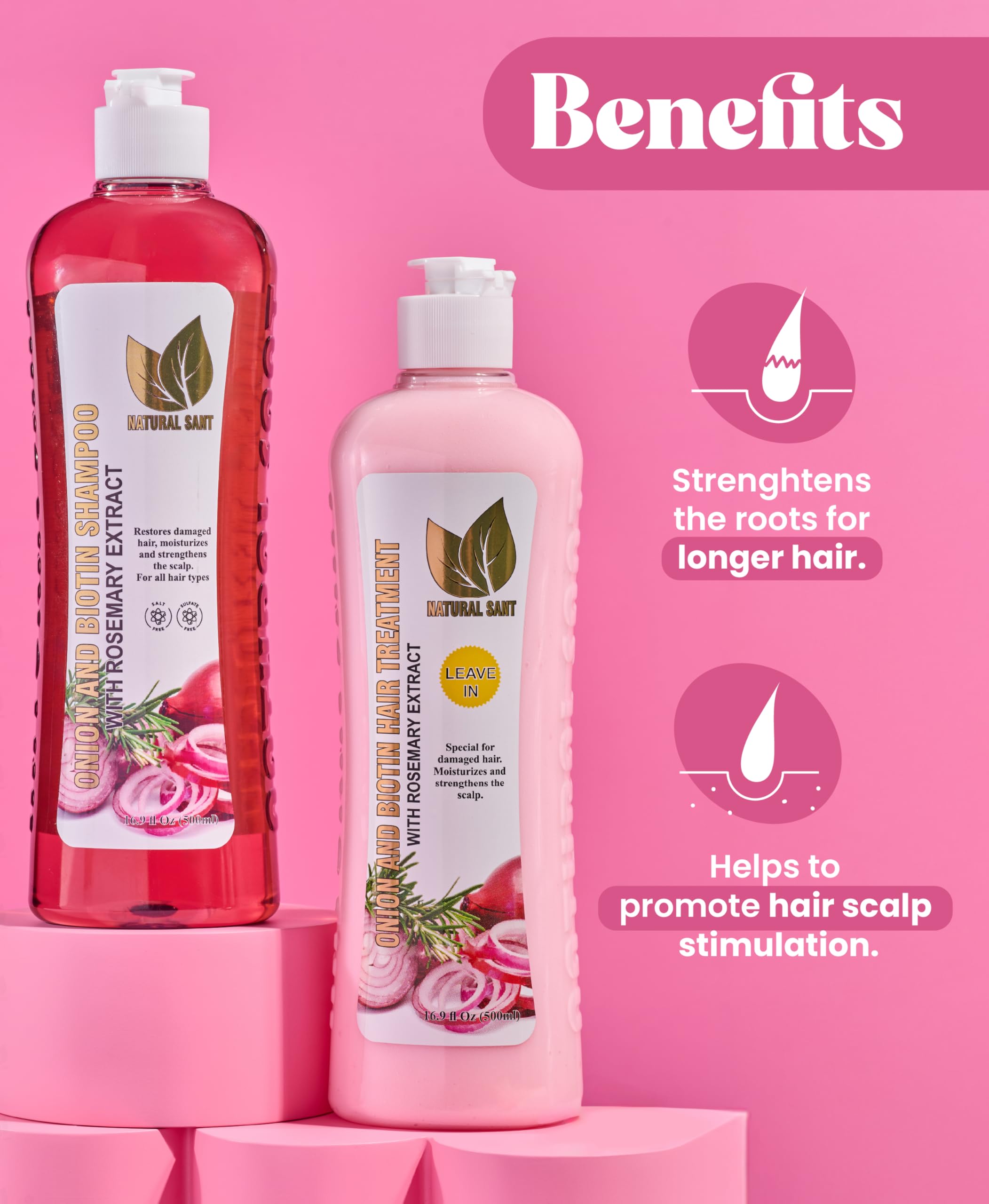 NATURAL SANT - Onion Biotin and Rosemary Shampoo & Treatment Set for Stronger, Thicker and Longer Hair - Soft and Shine, Hair Loss and Thinning Hair, Growth Shampoo, Paraben Free, Silicone Free