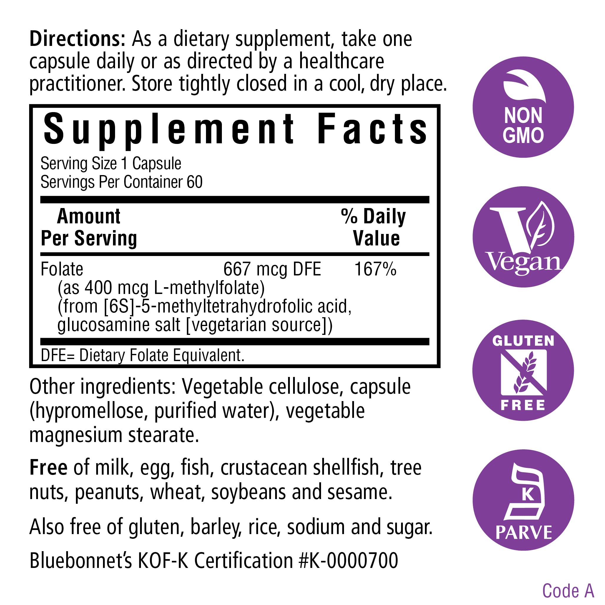 Bluebonnet Nutrition CellularActive Methylfolate 400 mcg – Formulated with Quatrefolic - for Energy, Mood, and Prenatal Health - Vegan, Gluten-Free, Non-GMO, and Kosher – 60 Capsules – 60 Servings