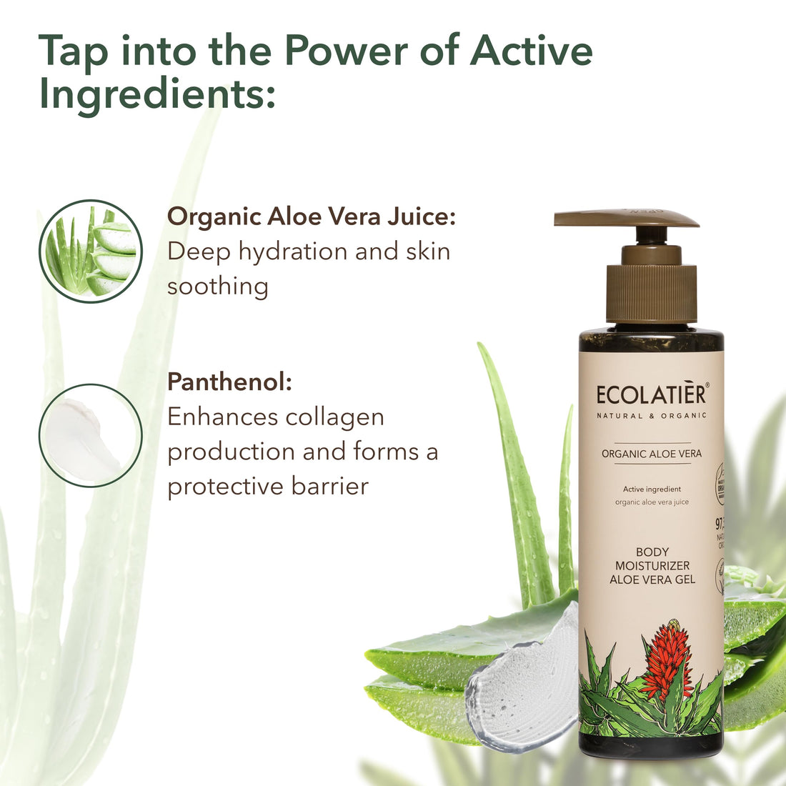 ECOLATIÈR Aloe Vera Gel – 97.5% Natural Face & Body Moisturizer, Hydrating & Soothing for Dry Skin, Fast Absorbing In-Shower Aloe Lotion, Vegan Formula for Sensitive Skin – 6.7 Fl Oz