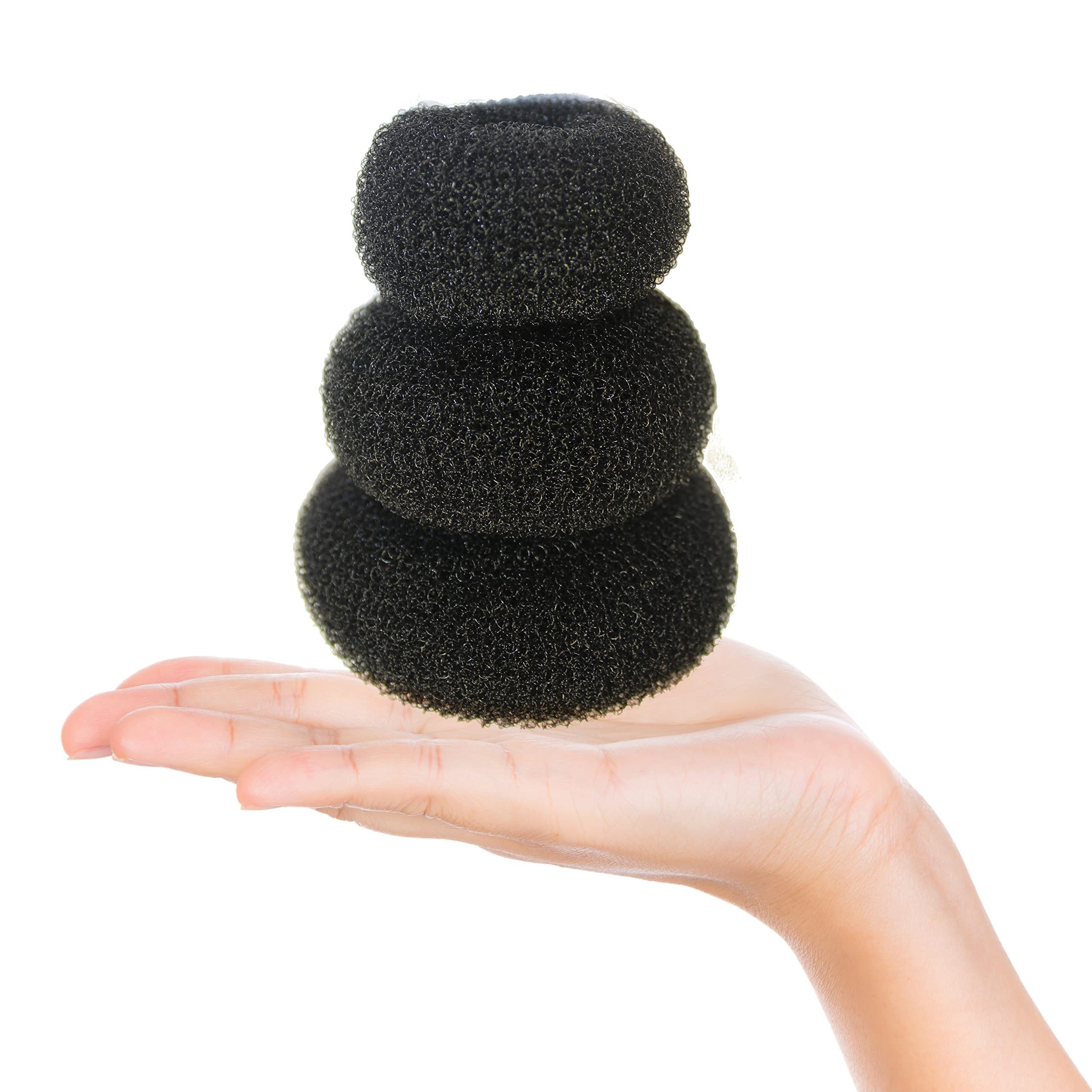 Donut Bun Maker - 3 Piece Set of Beautiful Hair Bun Makers - Great For Long Hair (1 Small, 1 Medium, 1 Large) (Black)