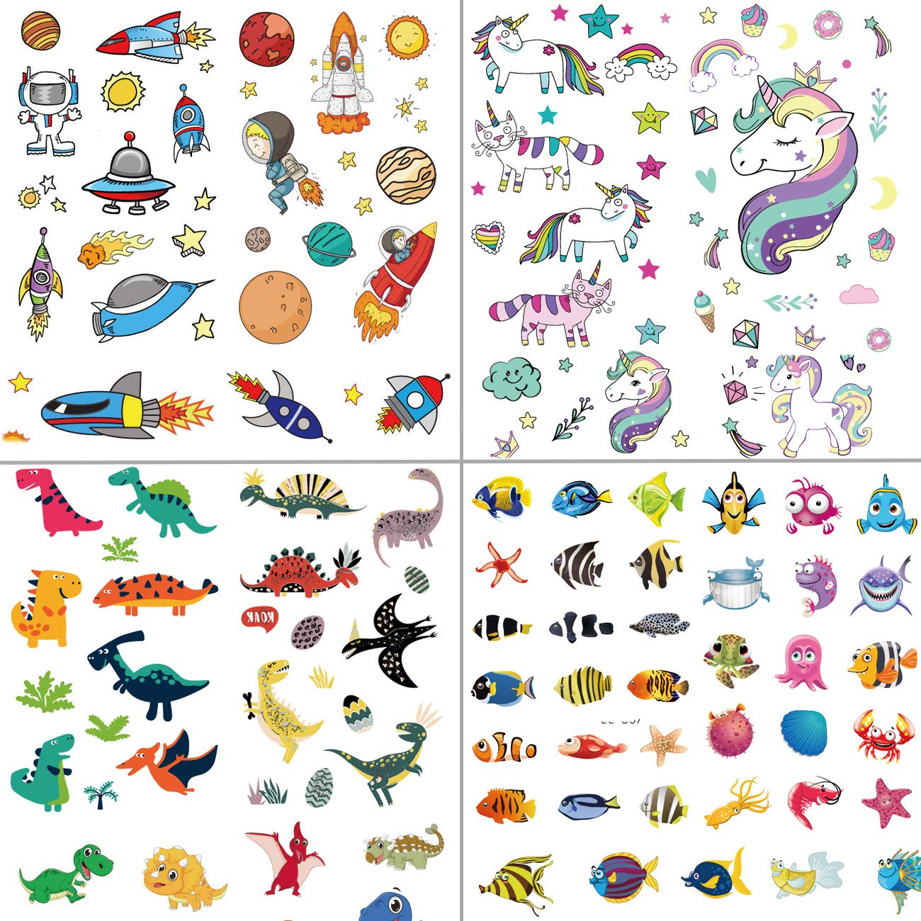 250pcs Temporary Tattoos for Kids Birthday Party - Featured 4 Series of Cute Waterproof Tattoos for Boys Girls, Dinosaurs,Spaceships,Fish,unicorn