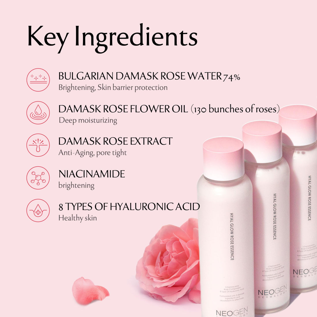 DERMALOGY by Neogen Hyal Glow Rose Essence - Hydrating Essence with 74% of Damask Rose Water & Flower Oil & Extract 160ml / 5.41 oz