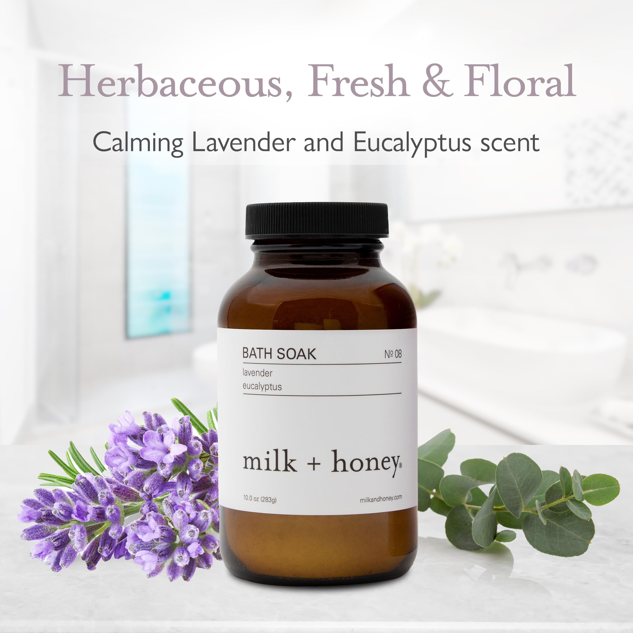 Milk + Honey Calming Bath Soak No. 8, Moisturizing Epsom Salt Bath Soak with Lavender and Eucalyptus Oils, Soothing and Relaxing Bath Soak, 10 oz