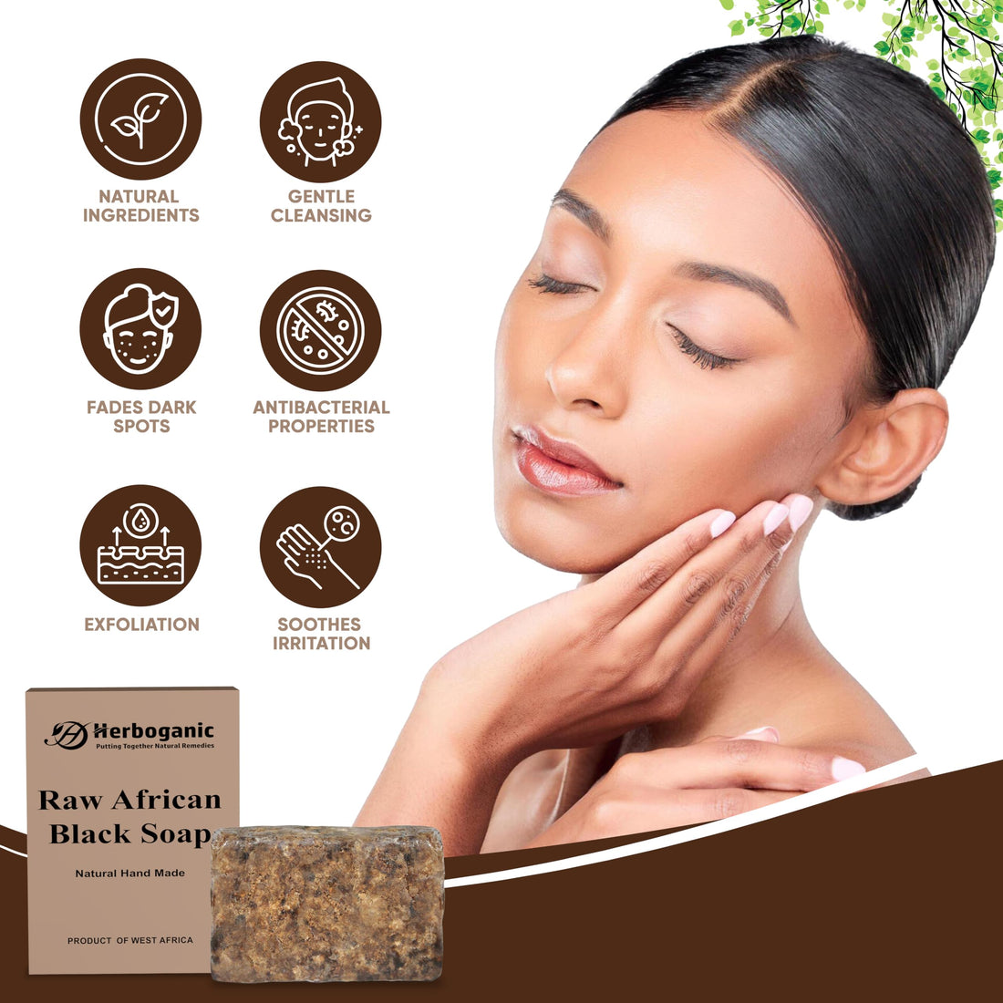 HERBOGANIC Raw African Black Soap Bar - 6 oz - 100% Pure and Organic | Natural Black African Soap bar for acne, Eczema, blackheads | Use as face wash and body wash - Pack of 1