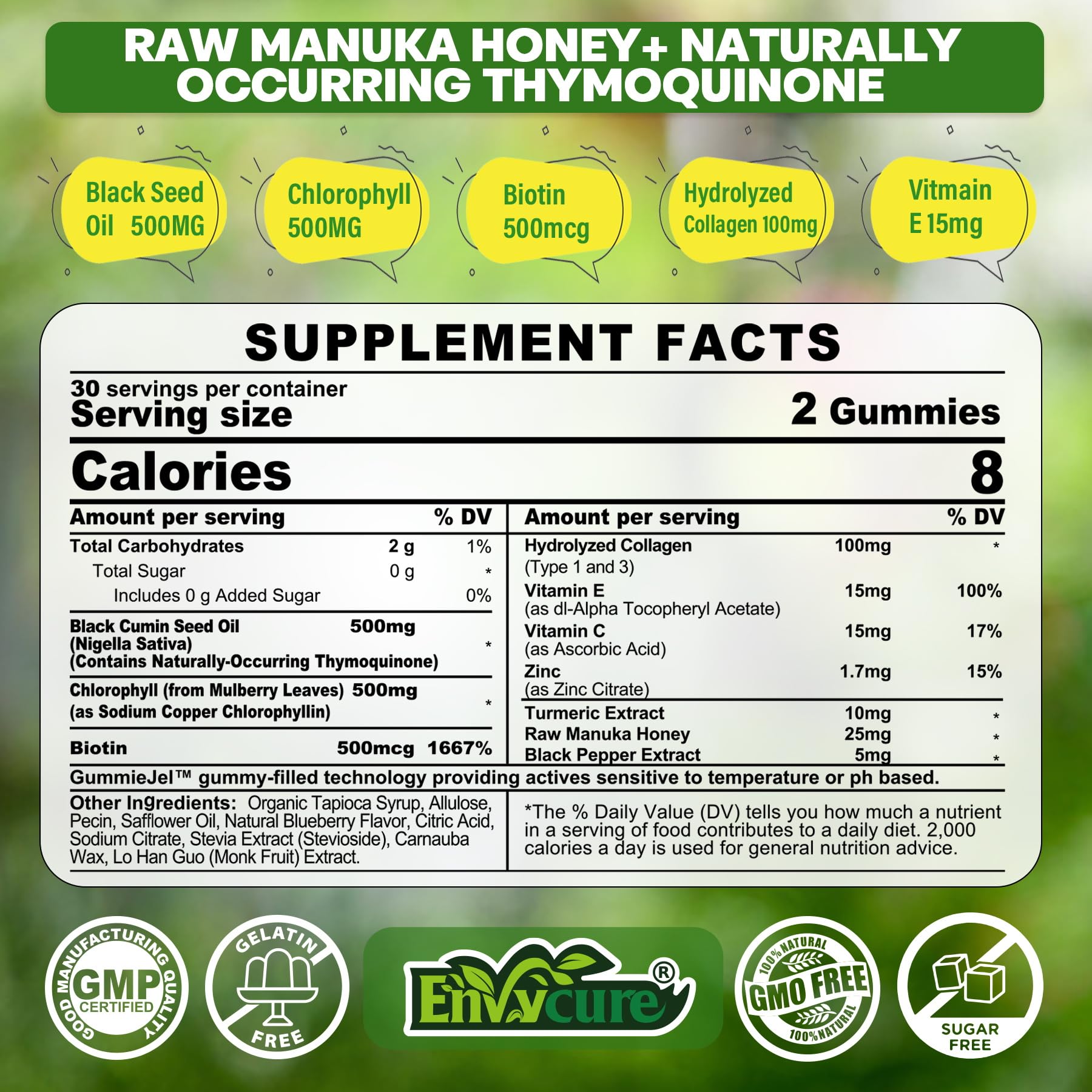 Black Seed Oil Gummies & Chlorophyll, Biotin 500mcg with Hydrolyzed Collagen, Raw Manuka Honey, Organic Cold Pressed - Ultimate Absorption for Skin, Hair & Nails, Digestive, Overall Health, Sugar Free