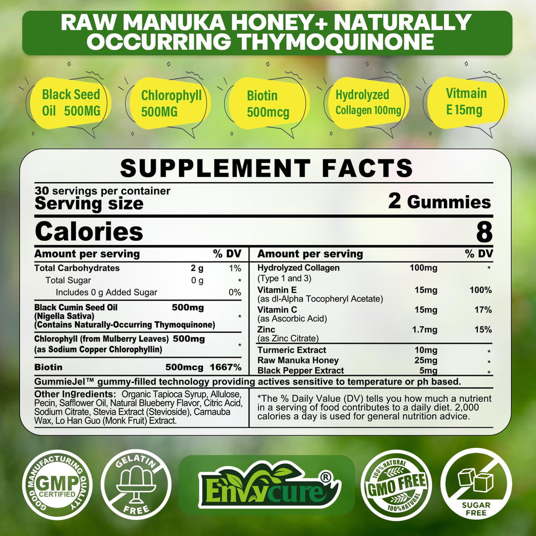 Black Seed Oil Gummies & Chlorophyll, Biotin 500mcg with Hydrolyzed Collagen, Raw Manuka Honey, Organic Cold Pressed - Ultimate Absorption for Skin, Hair & Nails, Digestive, Overall Health, Sugar Free